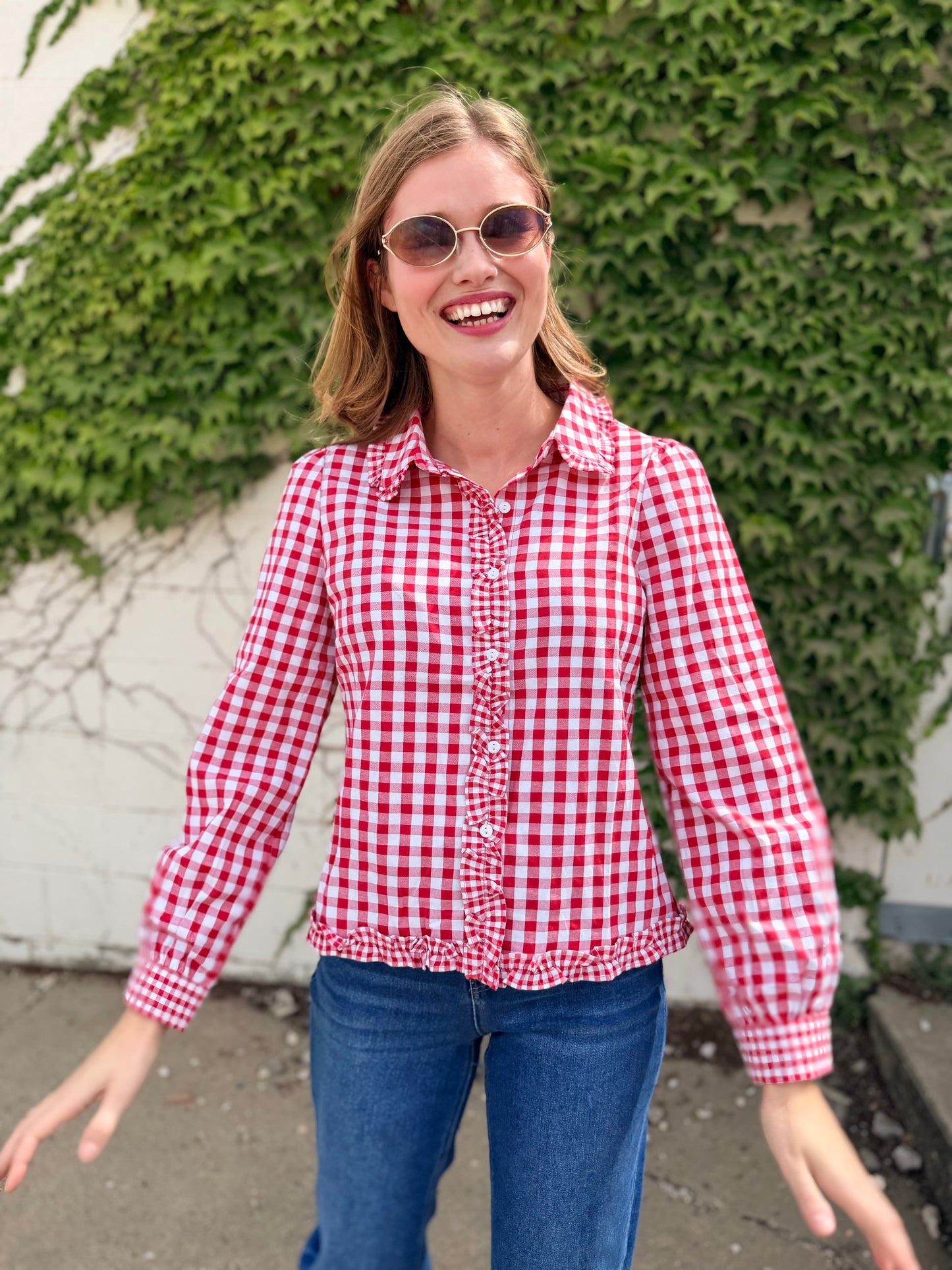 Gingham Frilled Button Down Long Sleeve Shirt