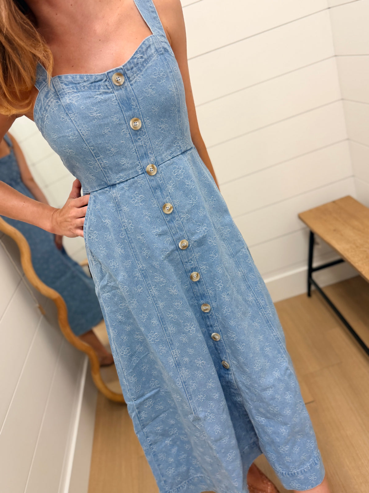 Floral Denim Jacquard Sweetheart Midi Dress