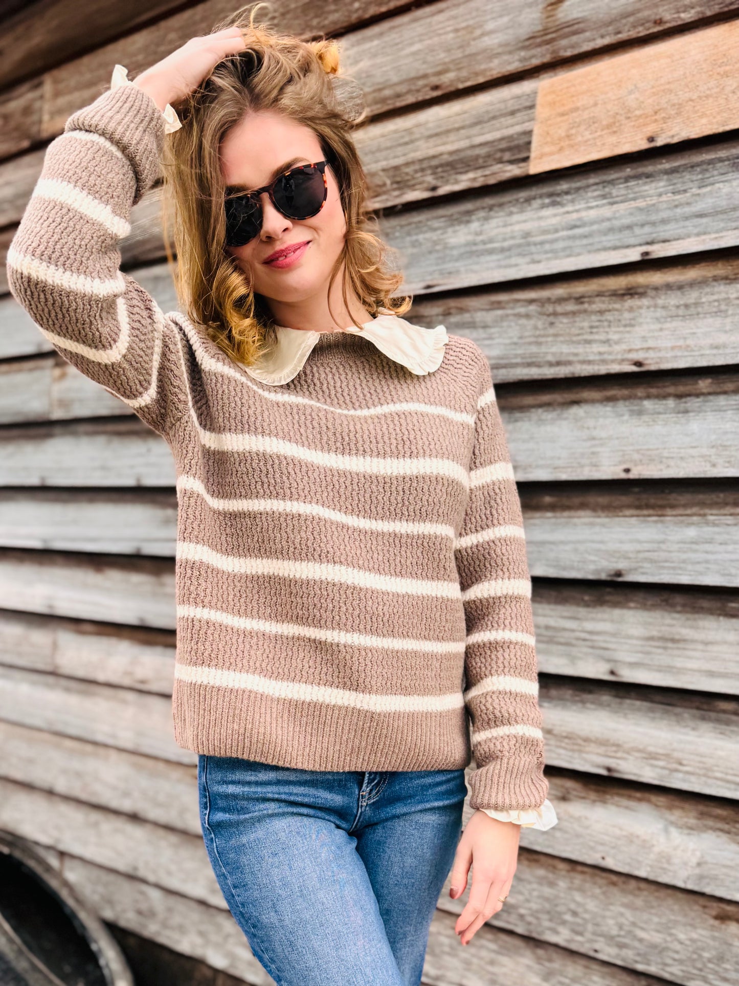 Stripe High Neck Knit Pullover Sweater (NO Satin Collar)