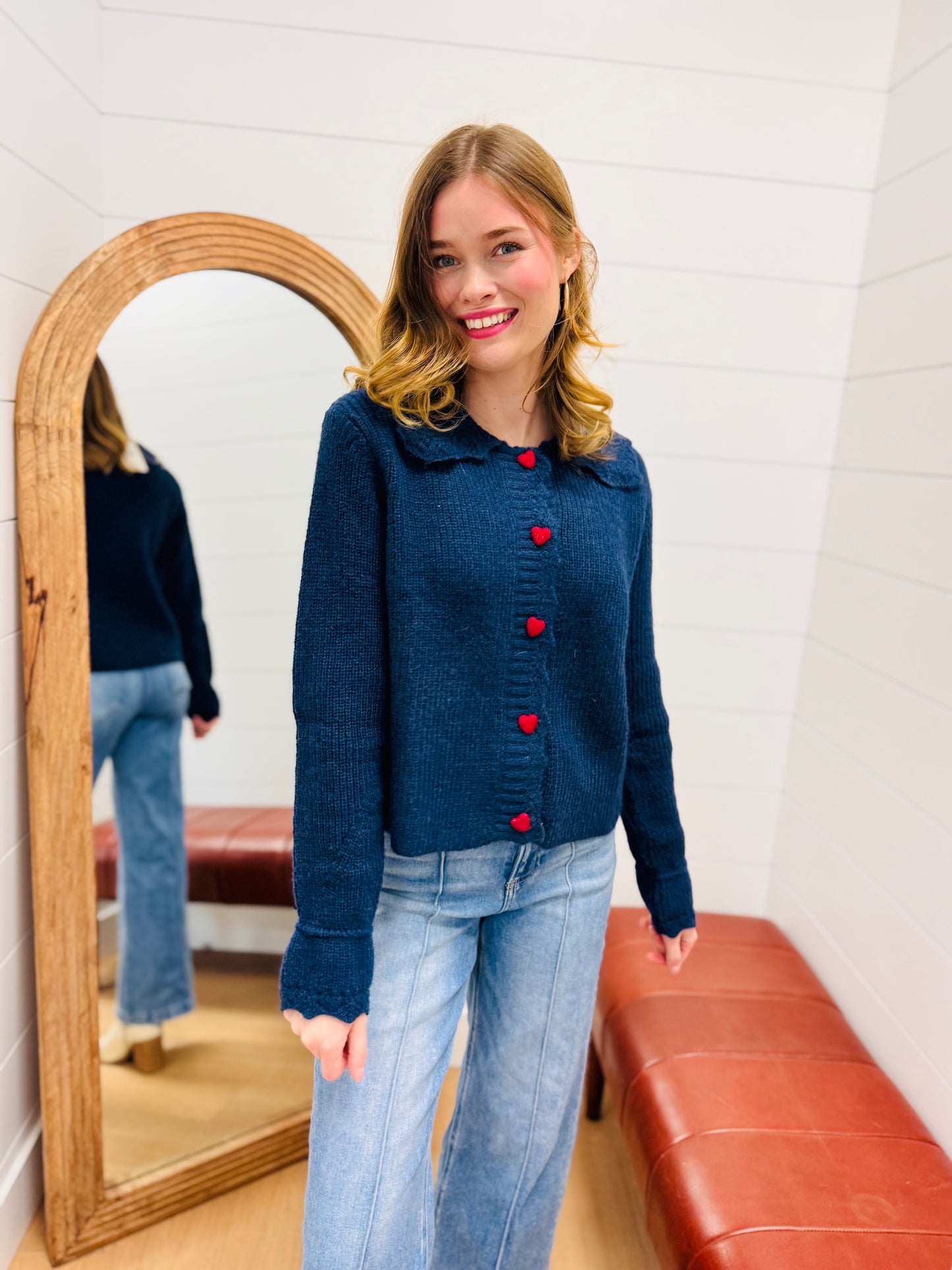Navy + Red Heart Button Down Cardigan