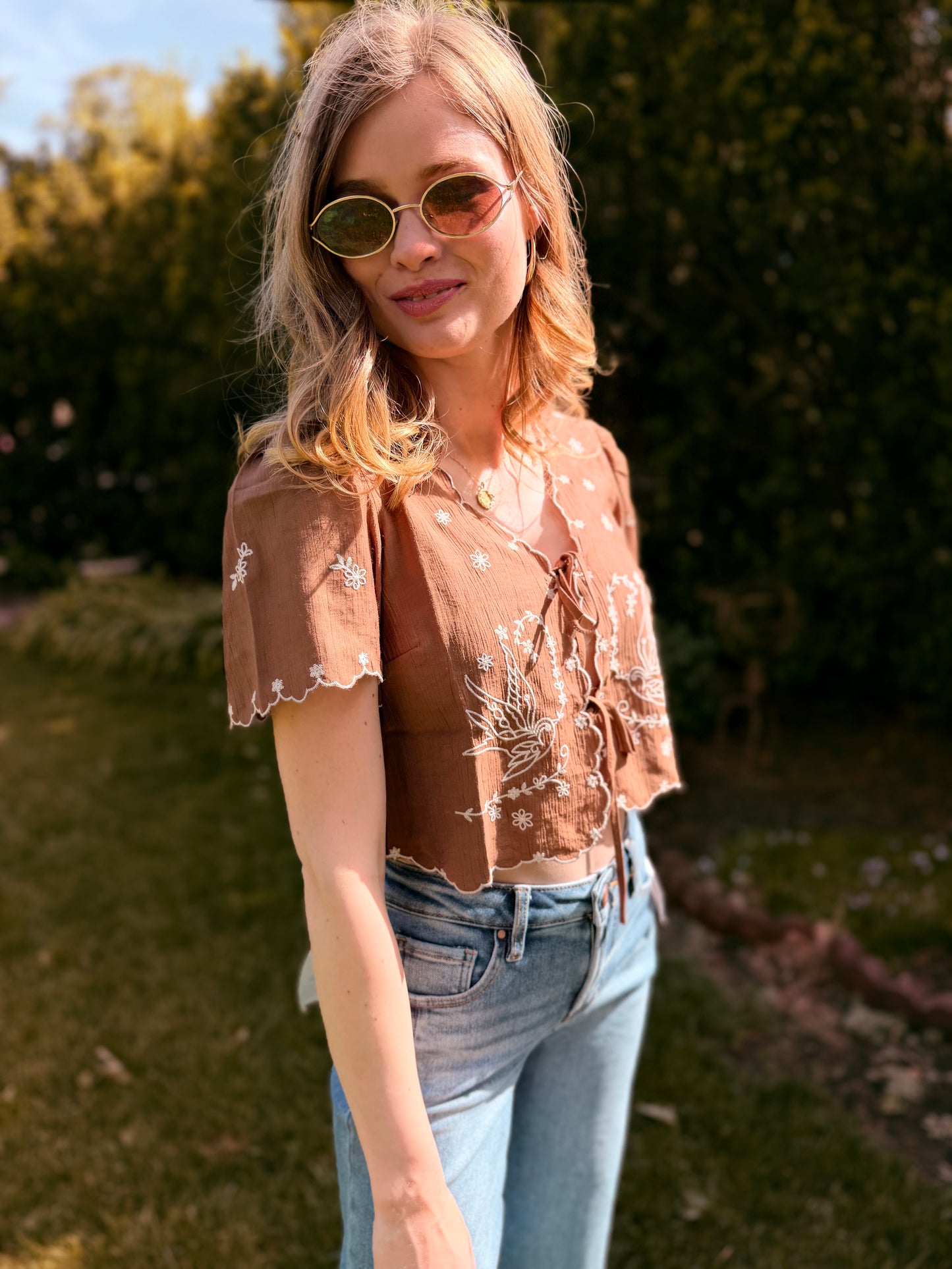 Bird Embroidery Short Sleeve Front Tie Top