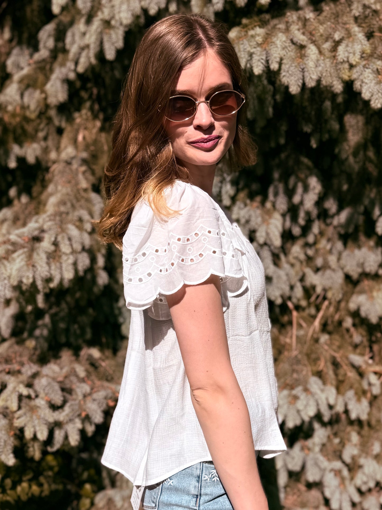 Eyelet Detail Button Down Scallop Sleeve Top