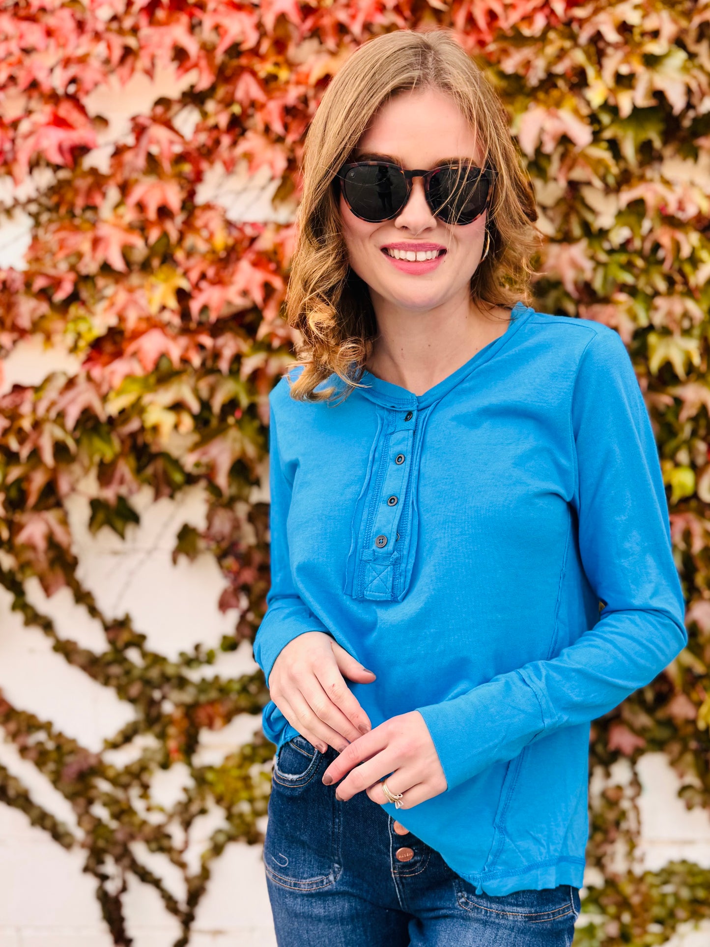 Thumb Holes Button Closure Long Sleeve Top