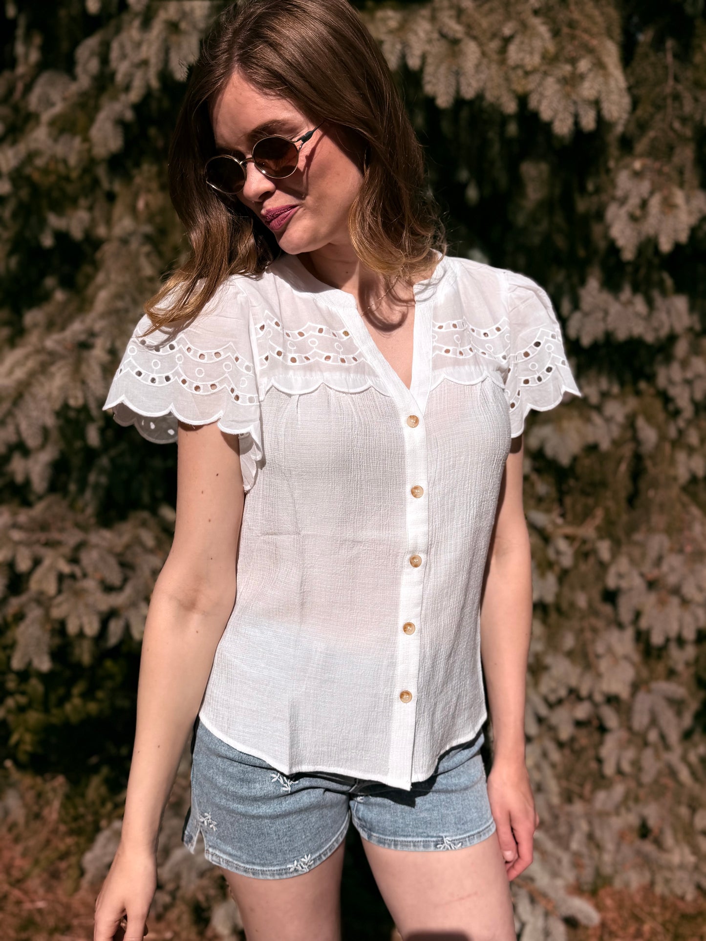 Eyelet Detail Button Down Scallop Sleeve Top