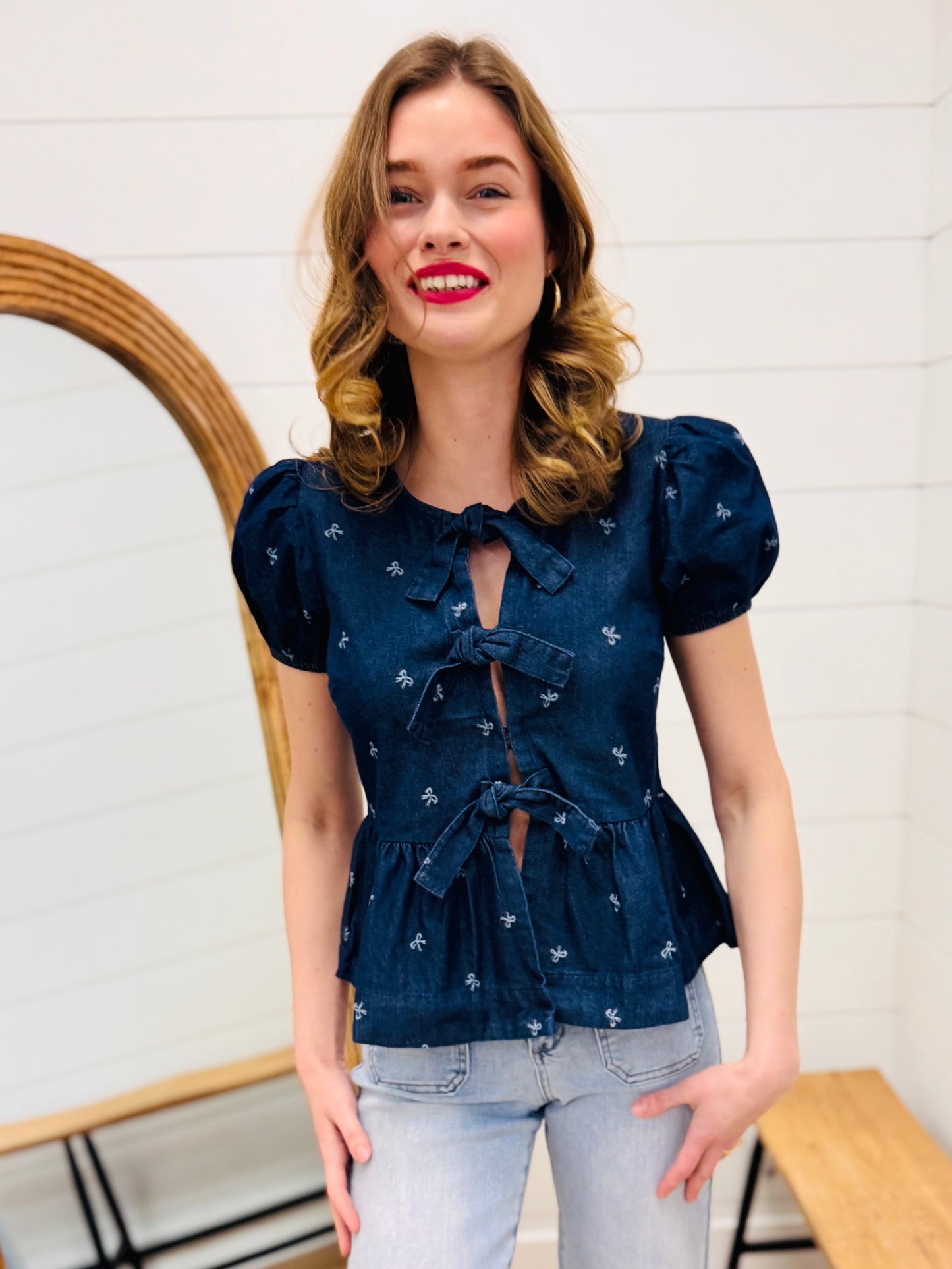 Denim Bow Print Puff + Ties Ruffle Hem Top