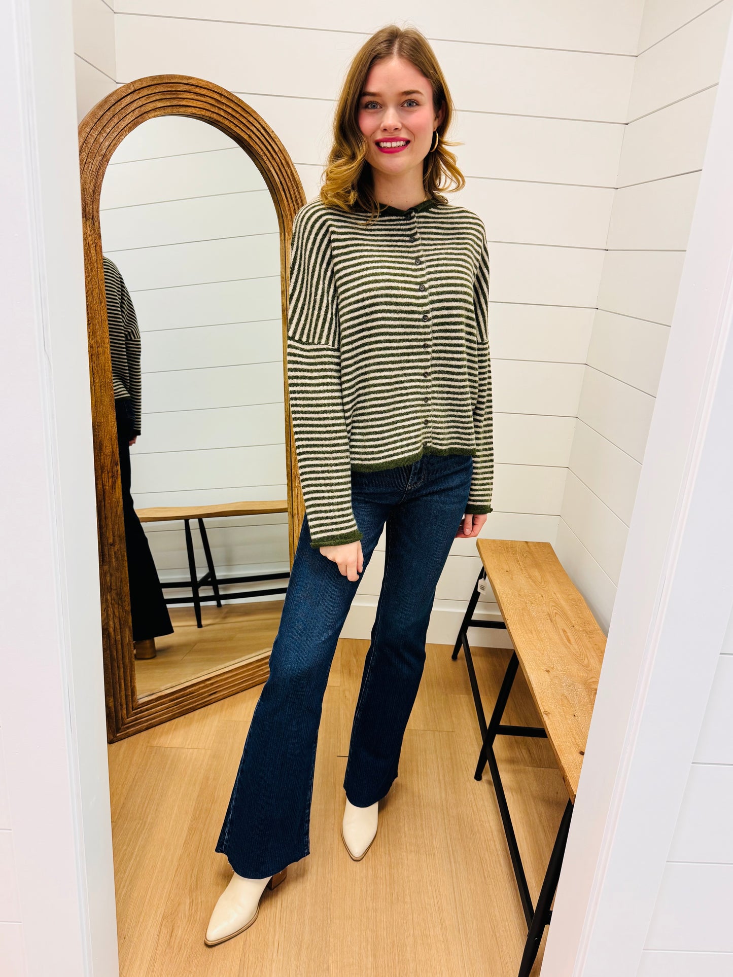 Stripe Raw Edge Drop Shoulder Knit Cardigan