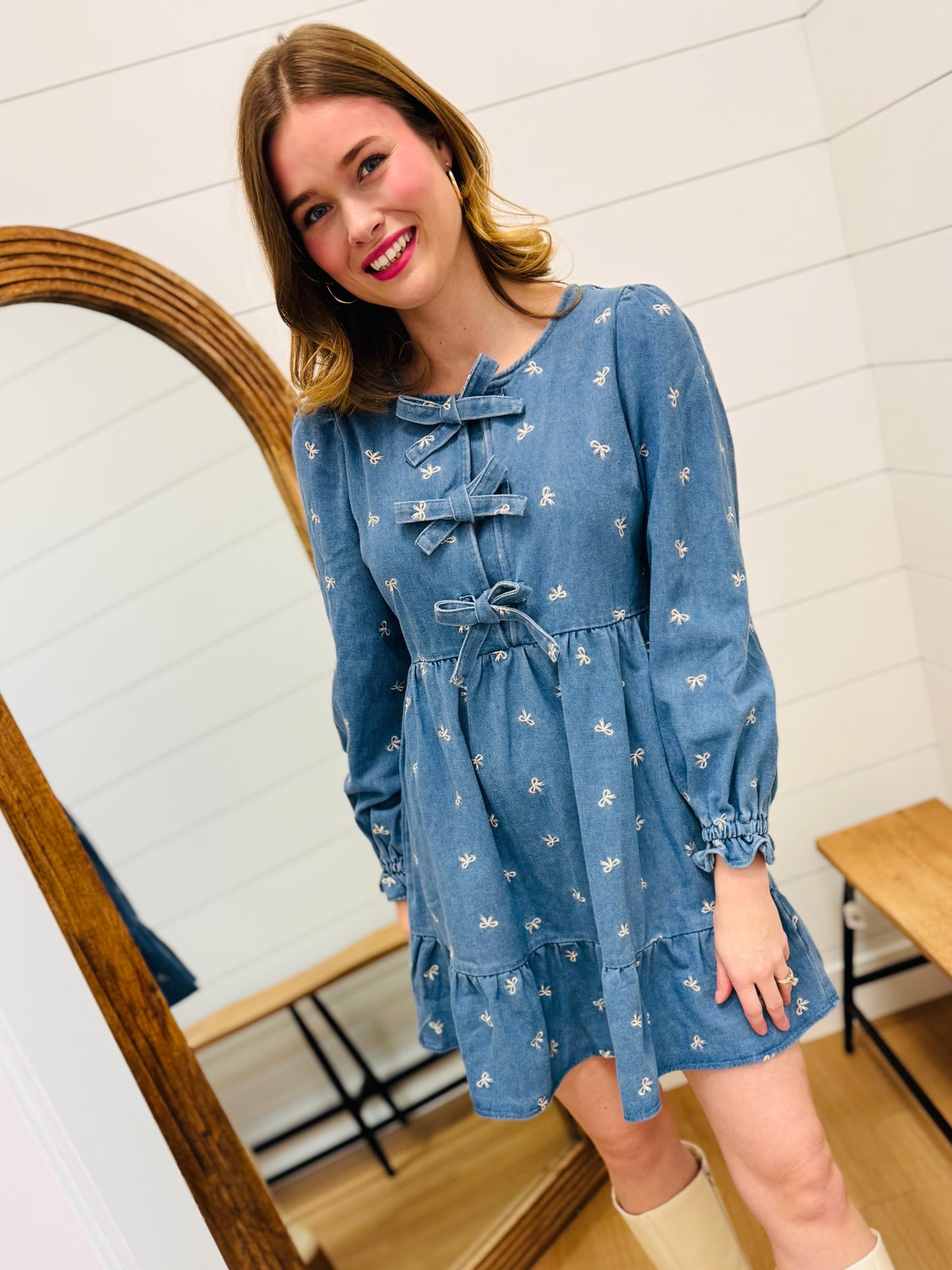 Soft Washed Denim Bow Dress