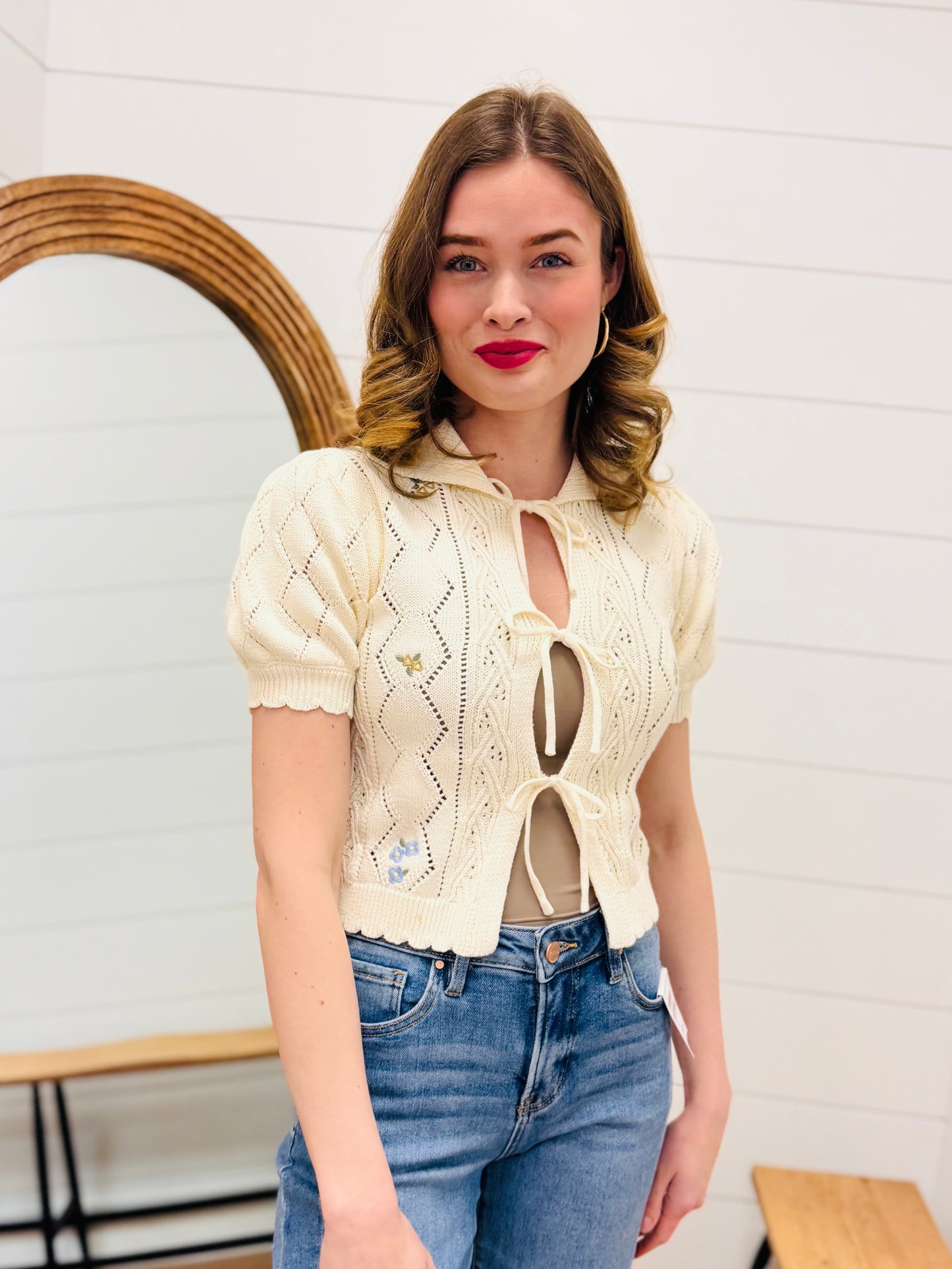Floral Embroidery Crochet Knit Front Tie Sweater