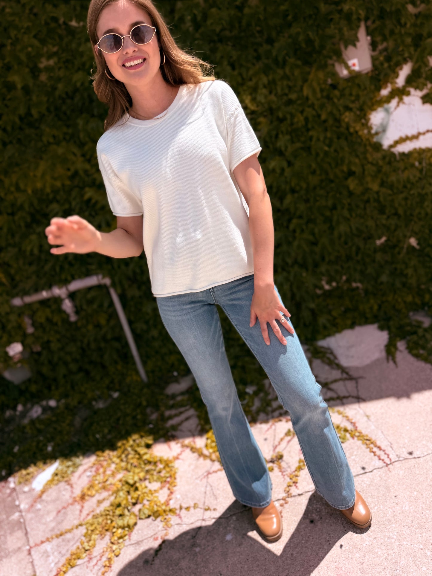 Round Neck Short Sleeve Sweater - Ivory
