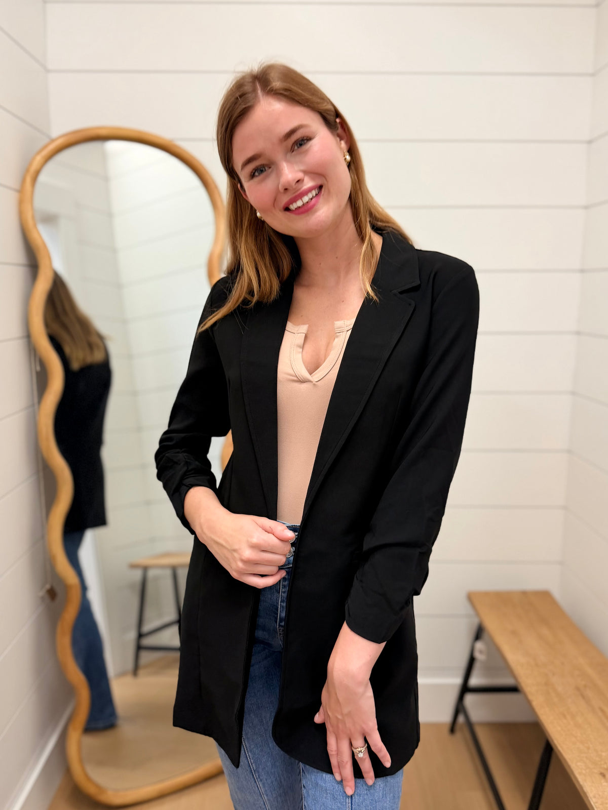 Black Ruched Sleeve Open Front Long Blazer