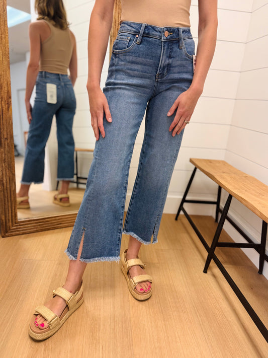 Medium Wash Crop Jean with Front Slit - Risen