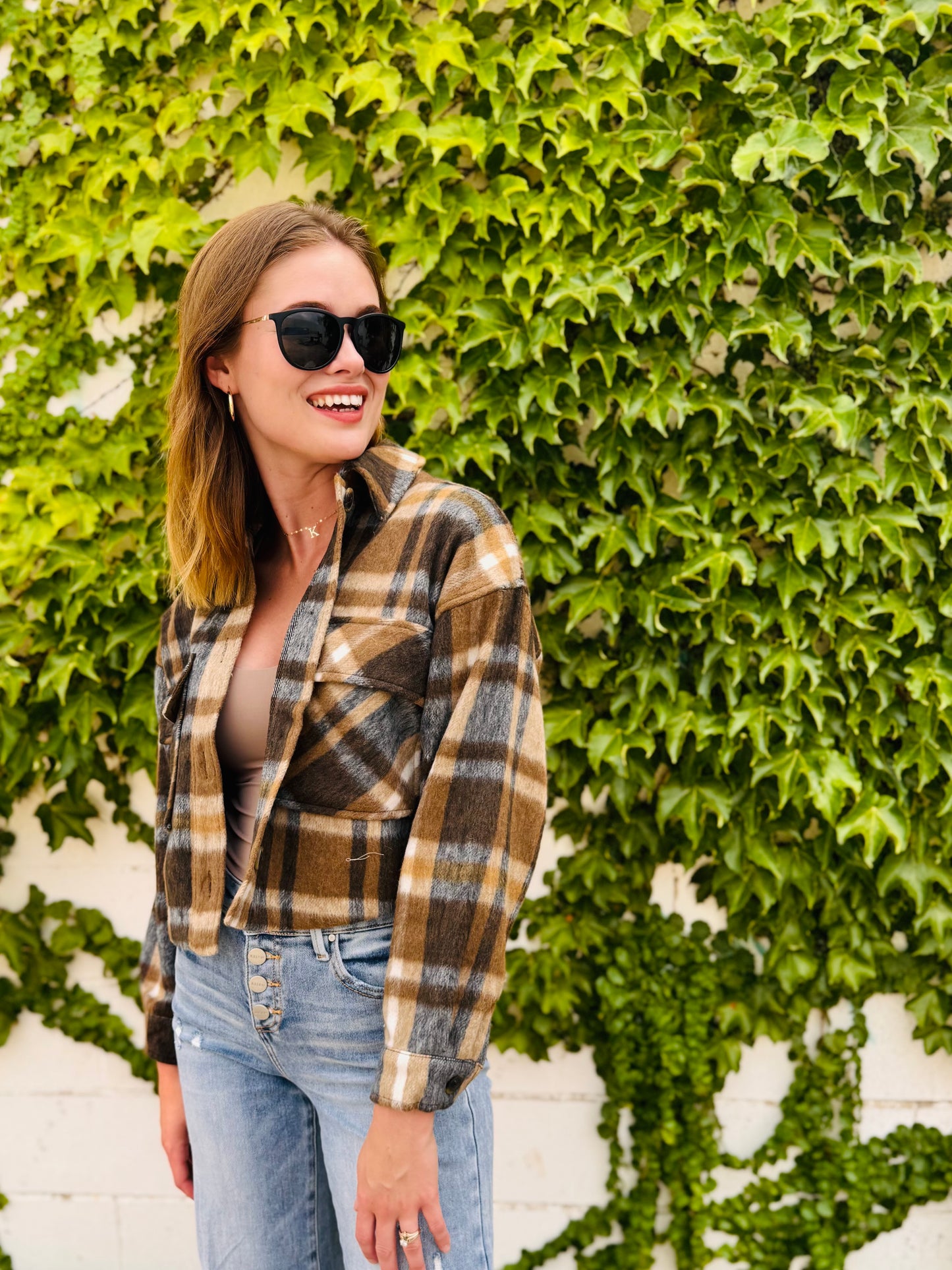 Button-down Short Plaid Shacket - Brown