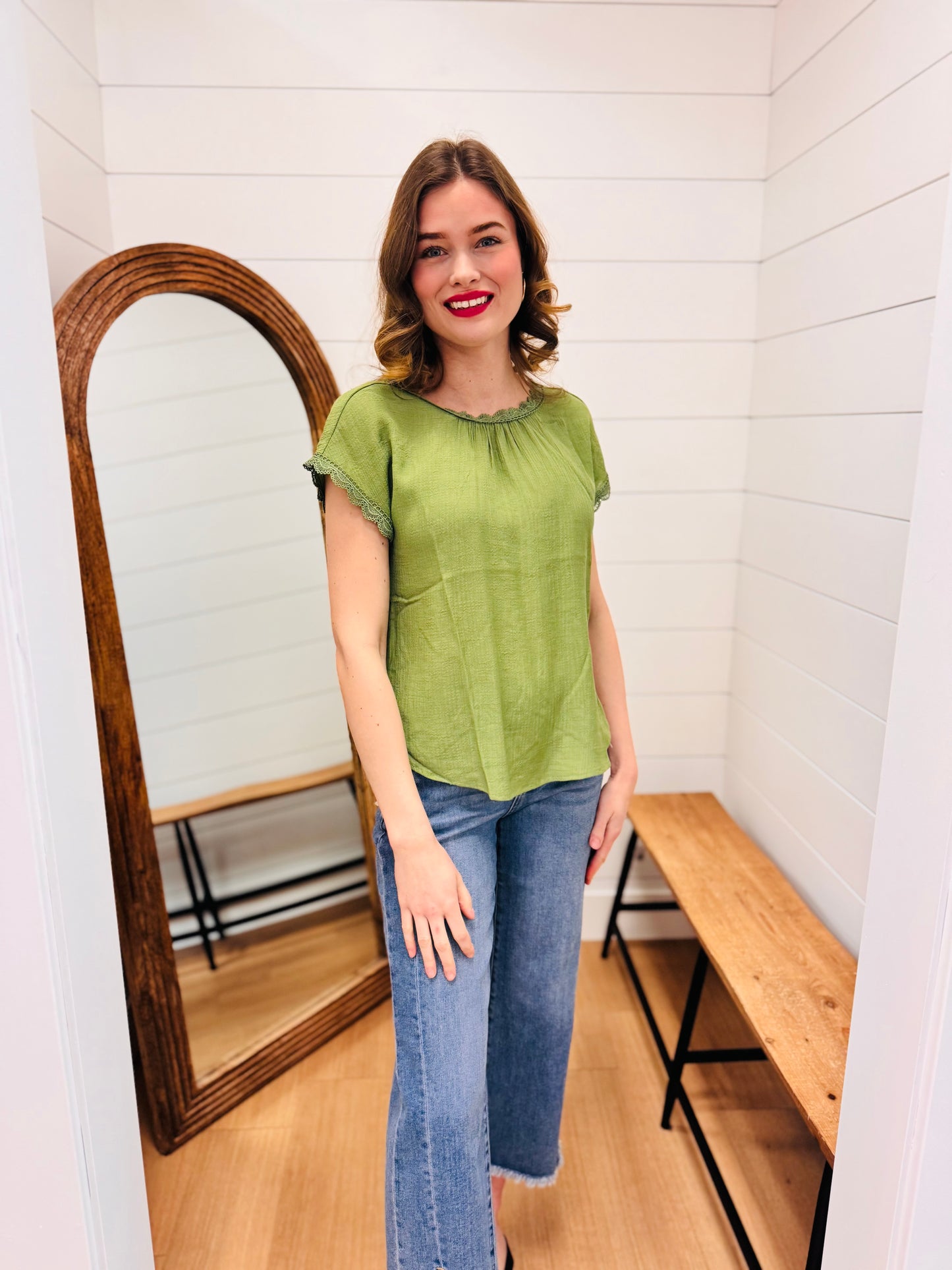 Lace Trim Back Bow Detail Short Sleeve Blouse