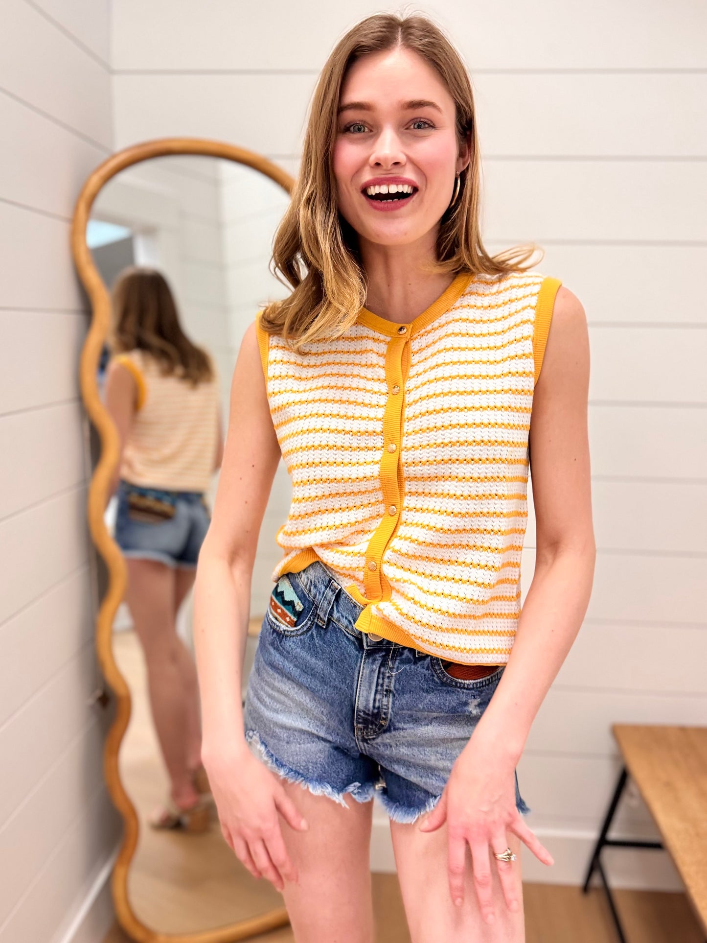 Stripe Knit Button Down Top - Mustard