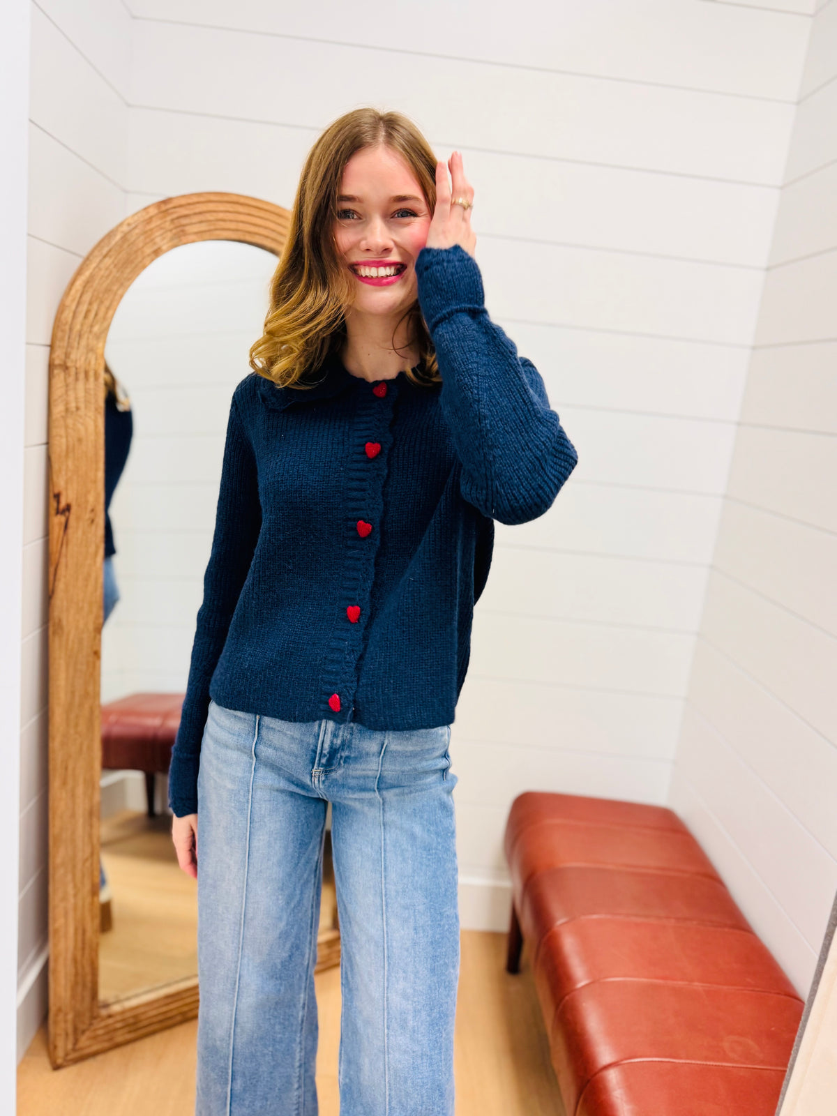 Navy + Red Heart Button Down Cardigan