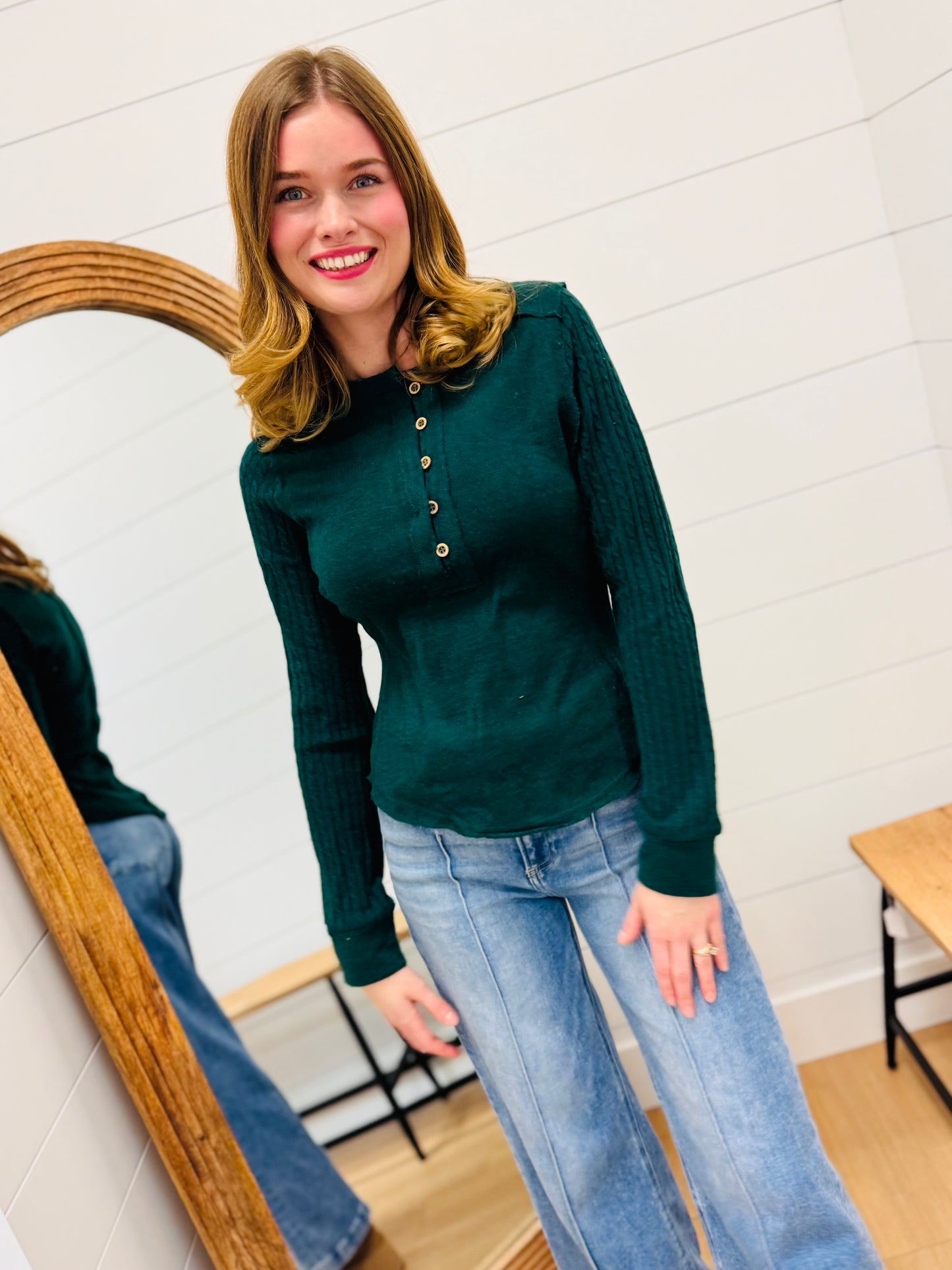 Button Down Top with Contrast Sleeve Stitching