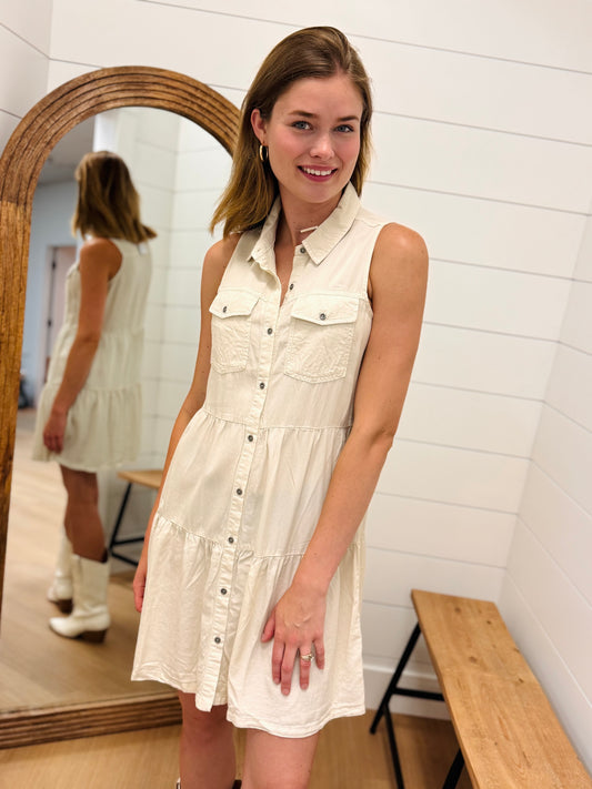 Natural Tiered Button Down Dress