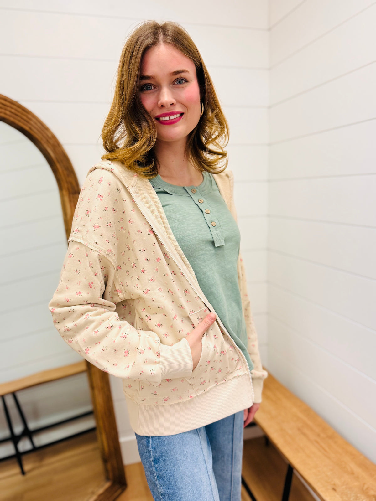Zip Front Floral Hoodie