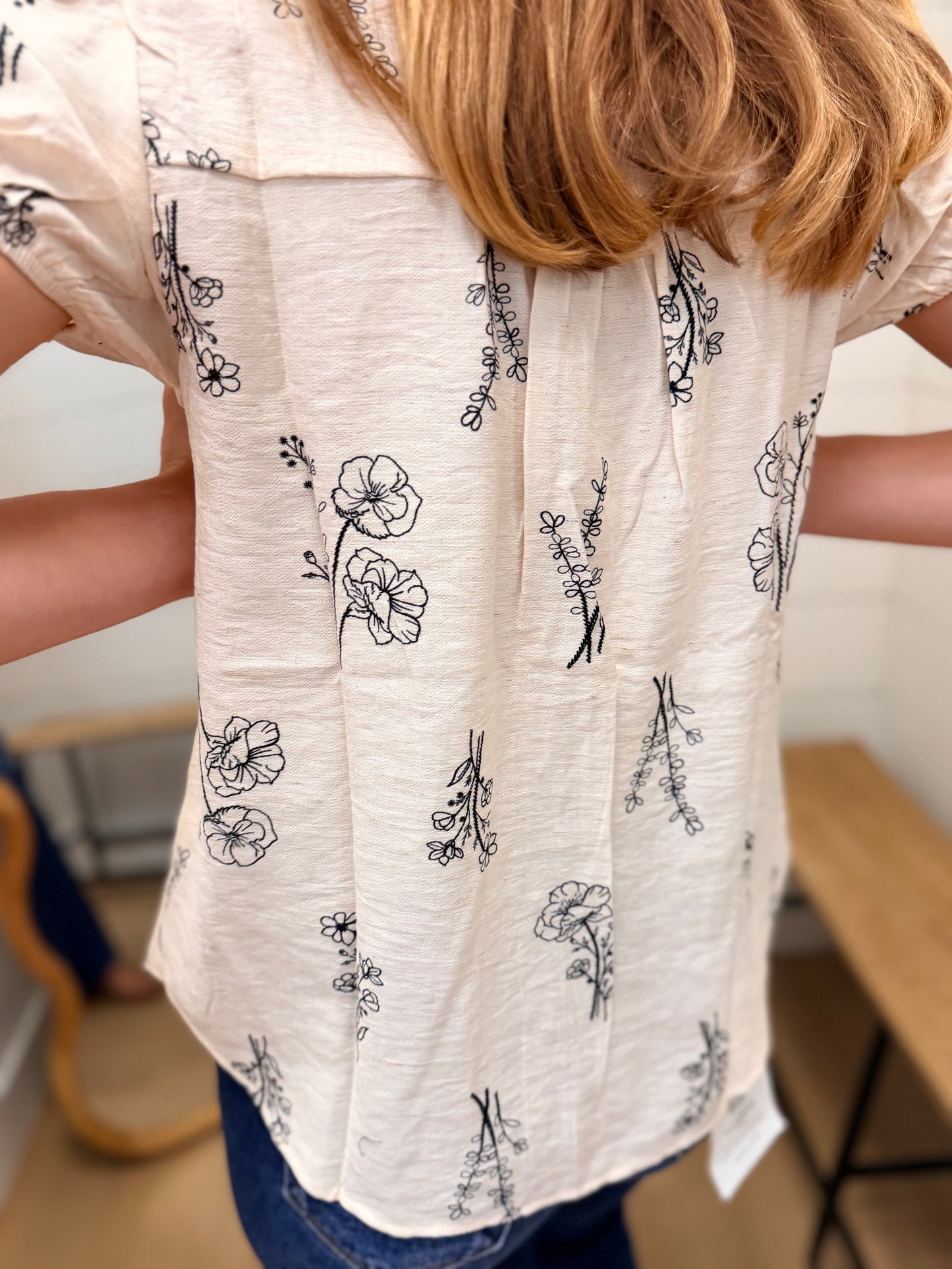 Floral Line Print Split Neck Button Down Linen Top