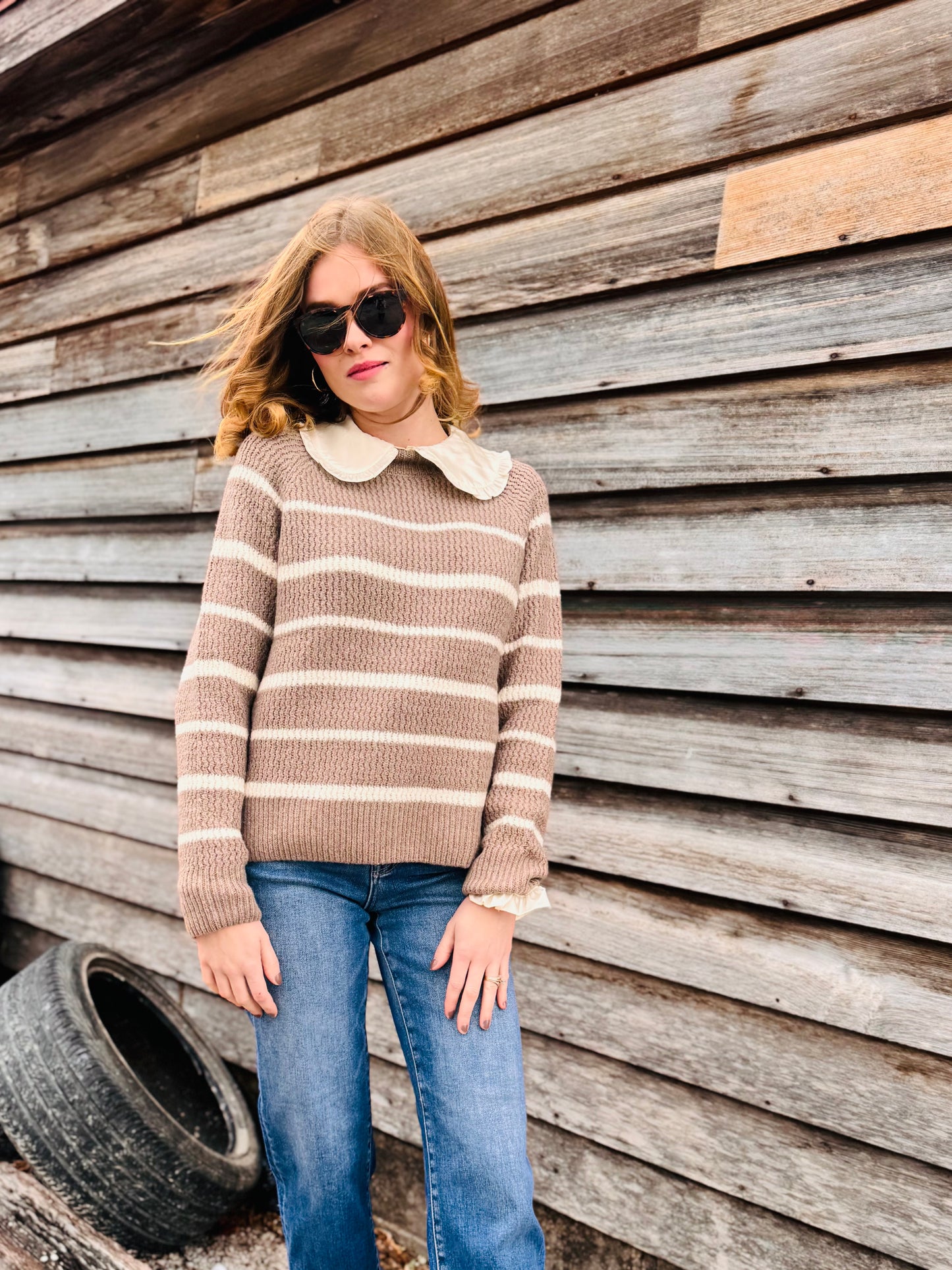 Stripe High Neck Knit Pullover Sweater (NO Satin Collar)