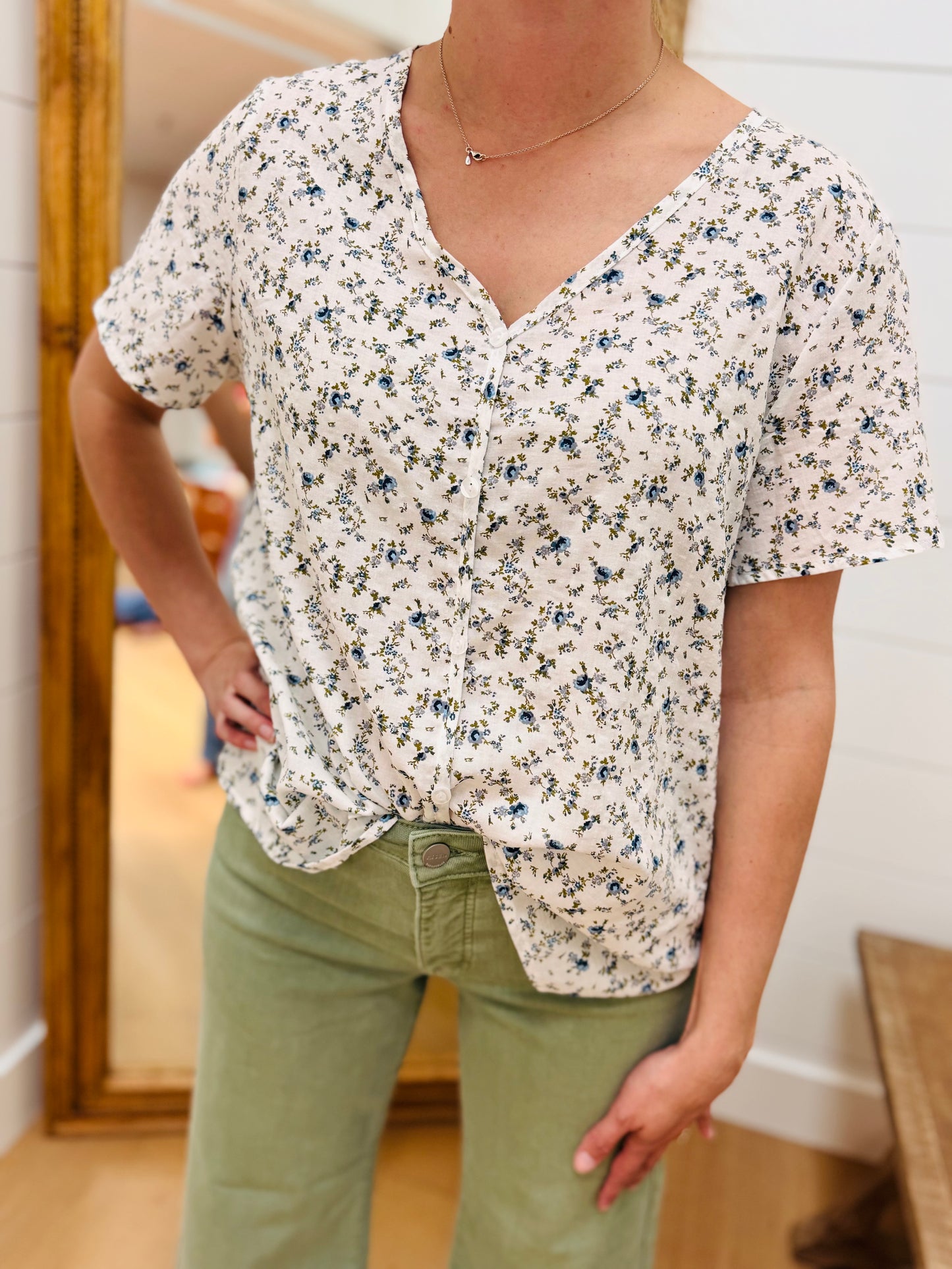 White + Navy Mini Floral Top