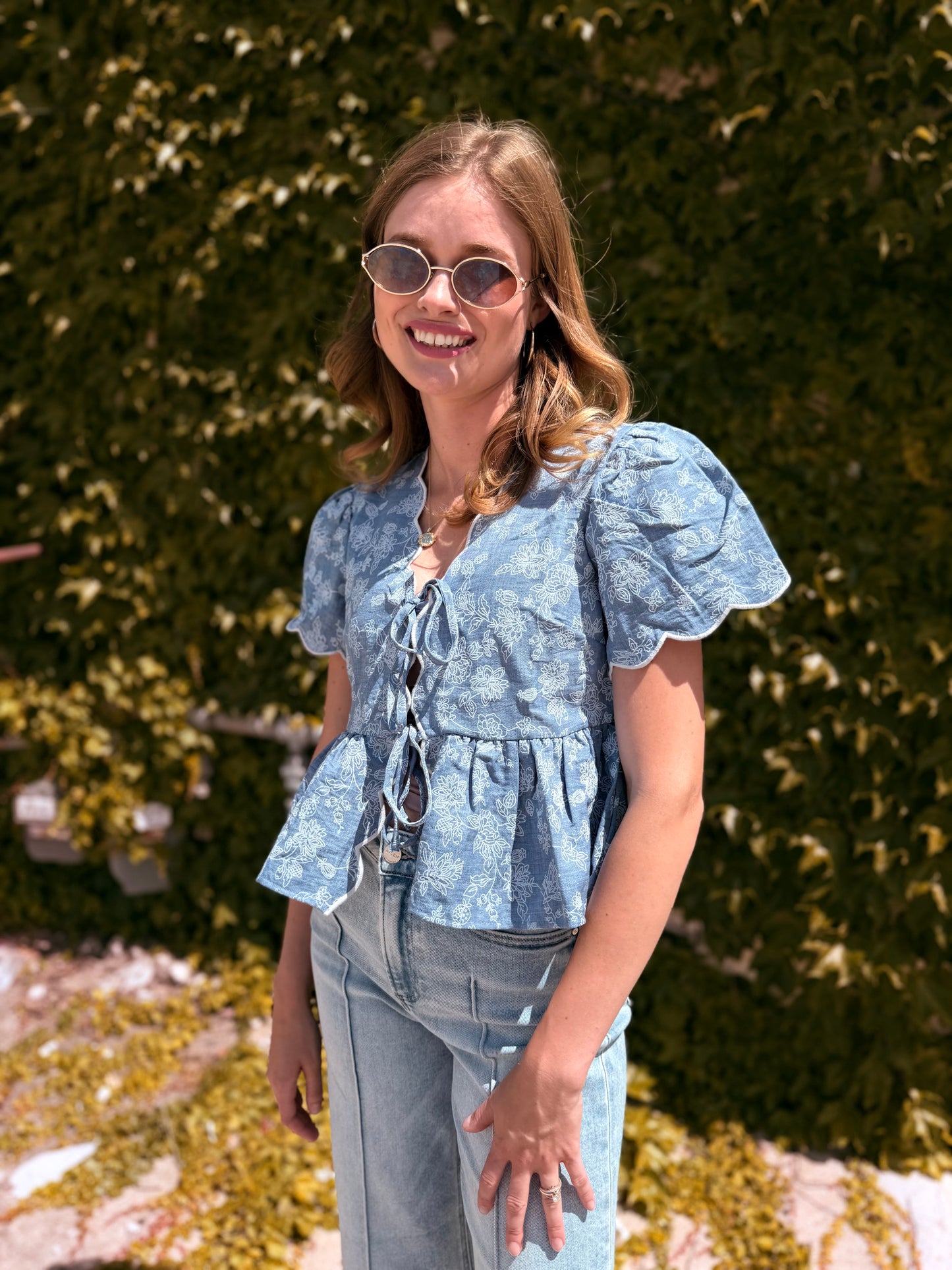 Floral Embroidery Front Tie Scalloped Peplum Top - Chambray