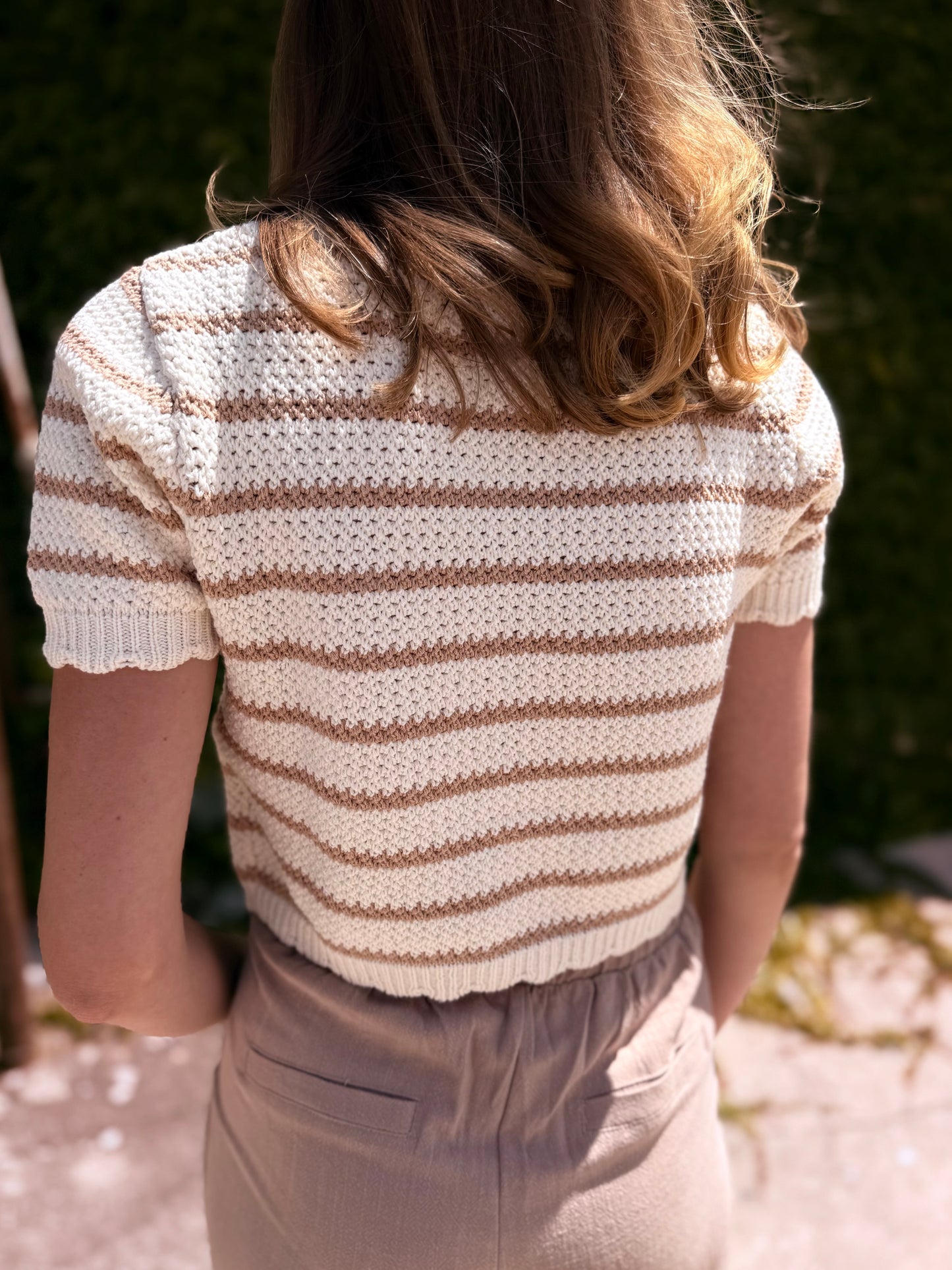 Striped Short Sleeve Cardigan With Scallop Edge