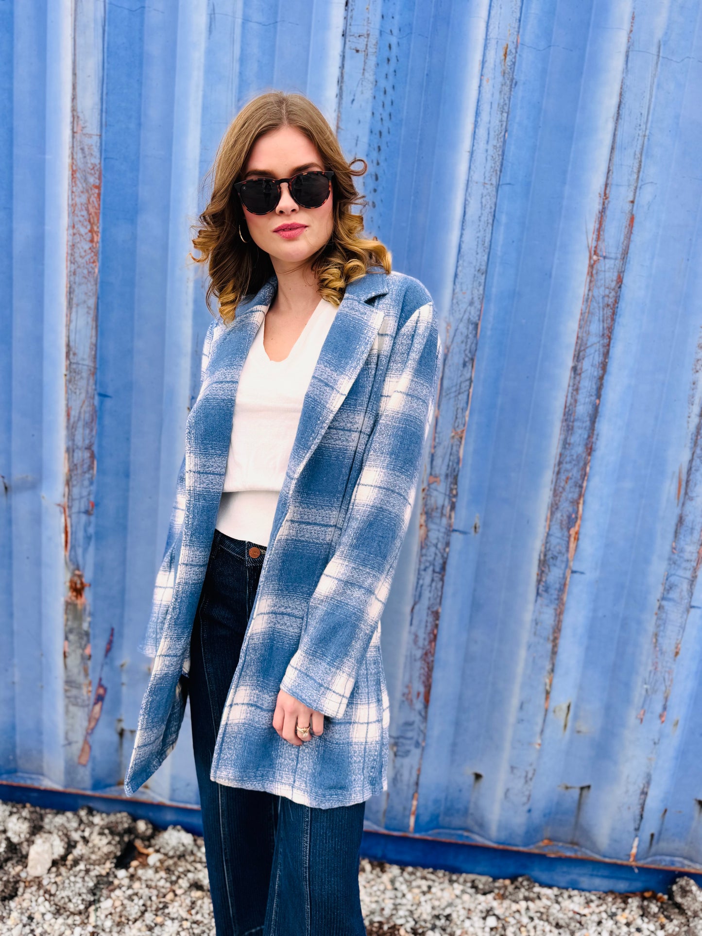 Blue Check Brush Oversized Coat