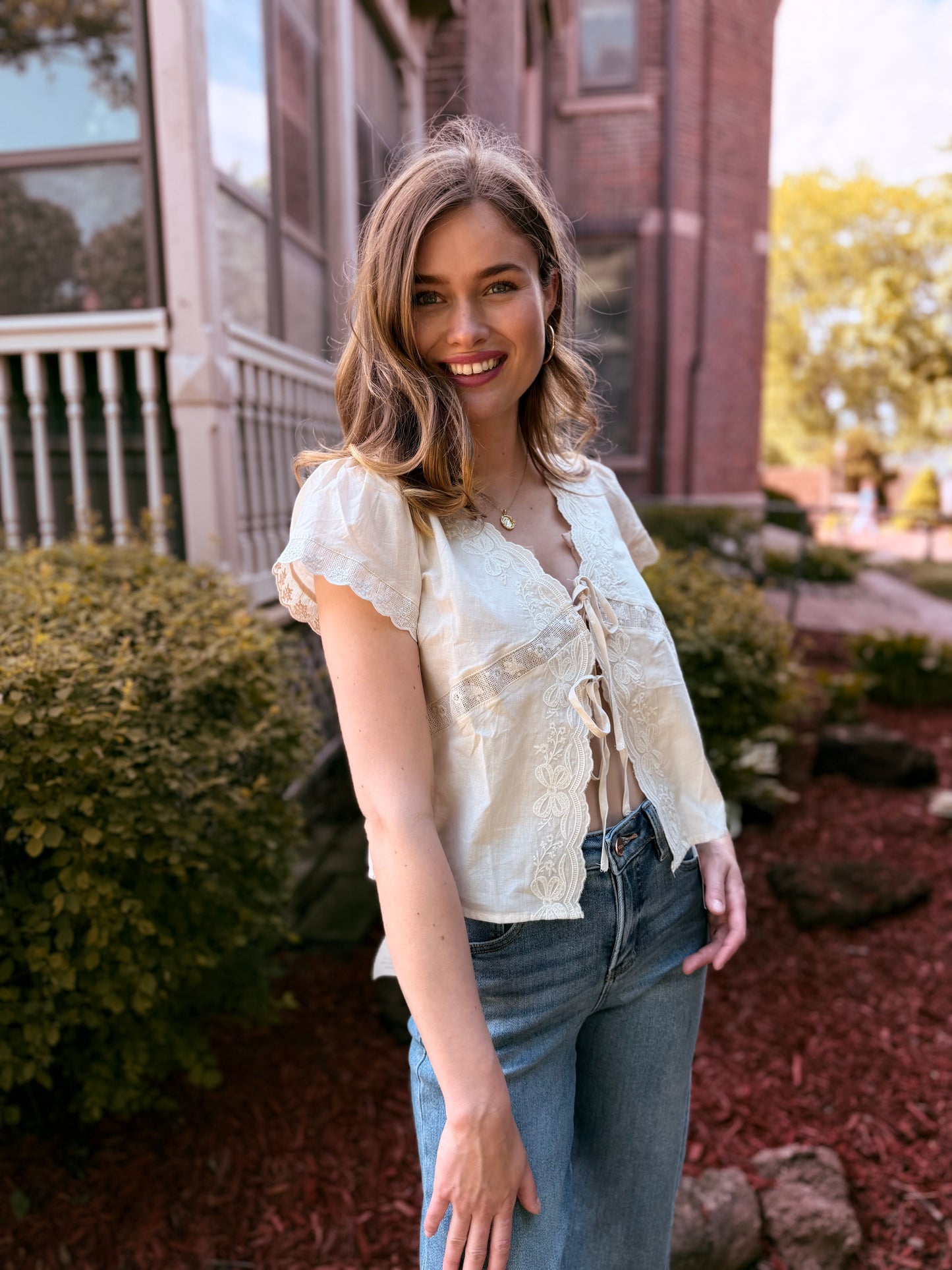 Scalloped Embroidered Front Tie Lace Trim Top