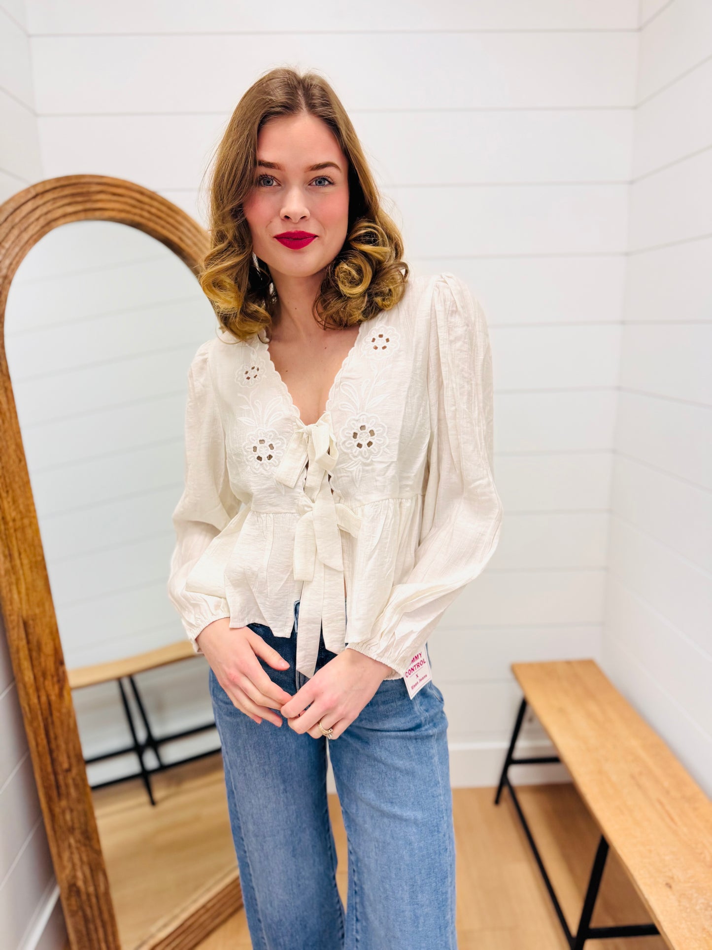 Floral Eyelet Embroidery Front Tie Long Sleeve Top