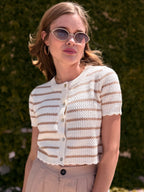 Striped Short Sleeve Cardigan With Scallop Edge