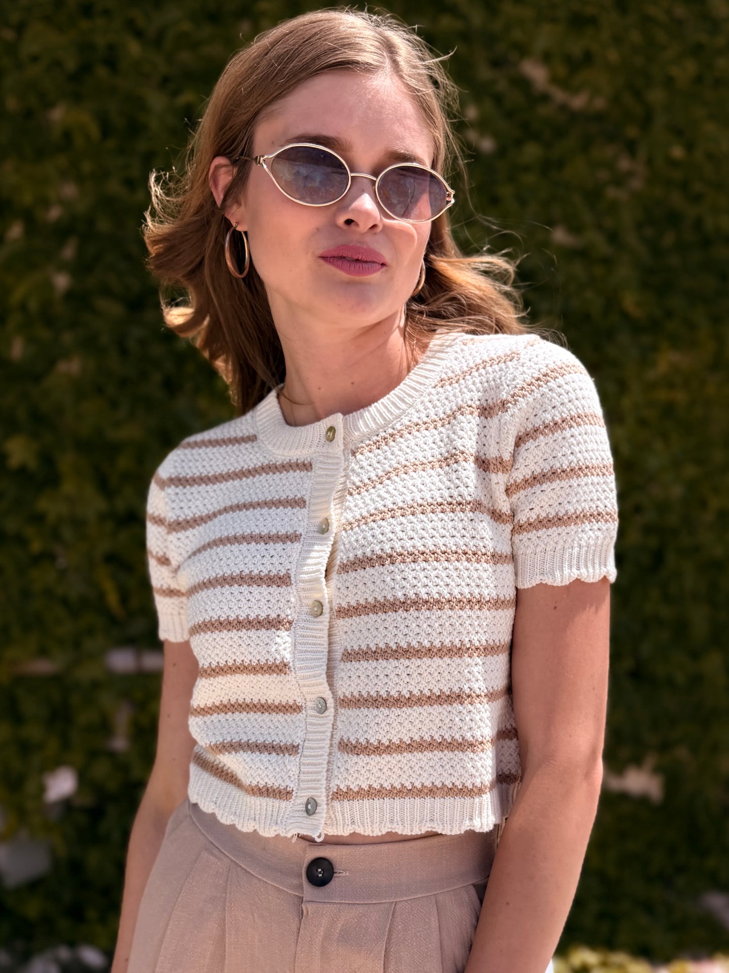 Striped Short Sleeve Cardigan With Scallop Edge