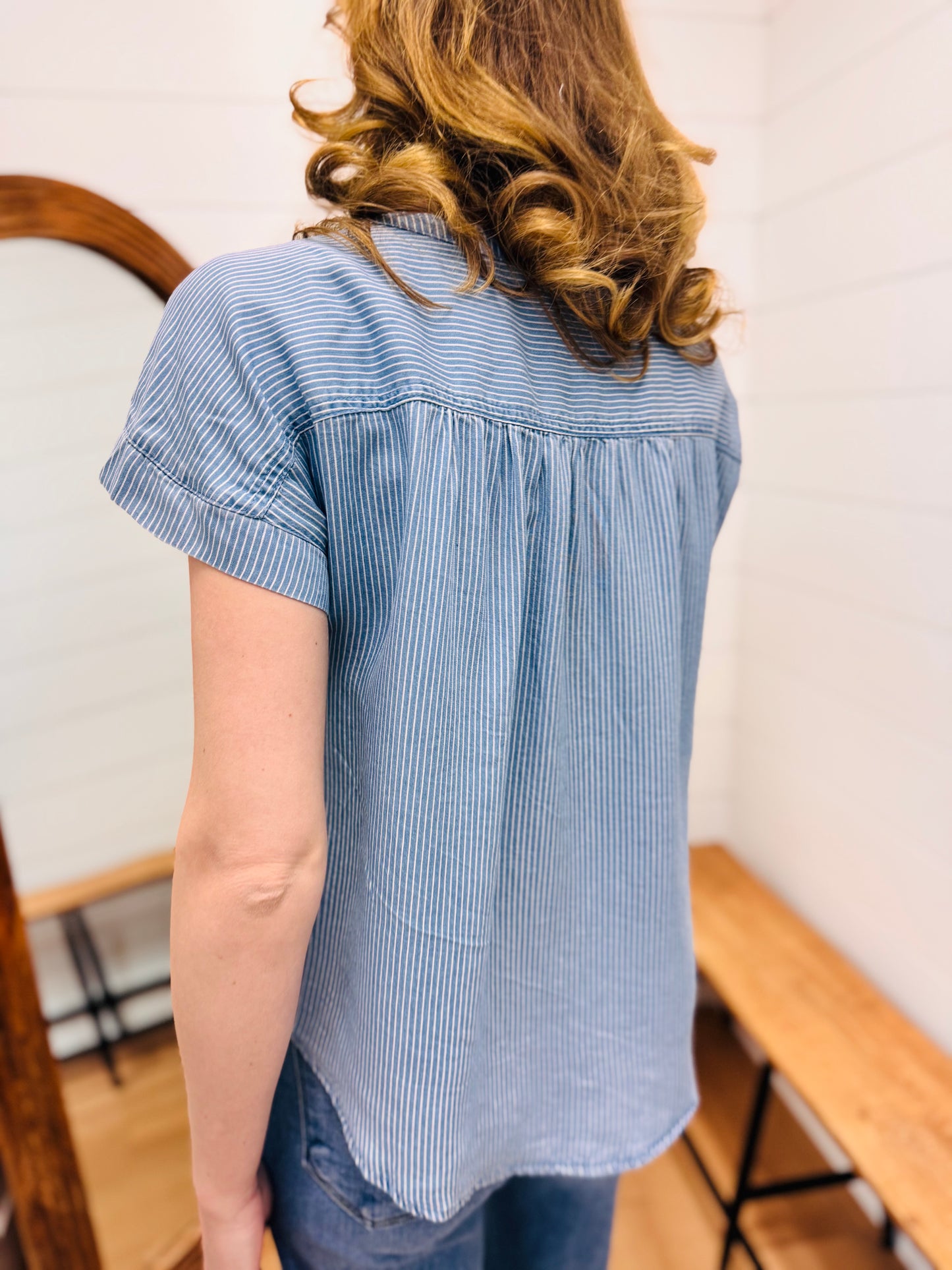 Stripe Chambray Henley Ruched Detail Top