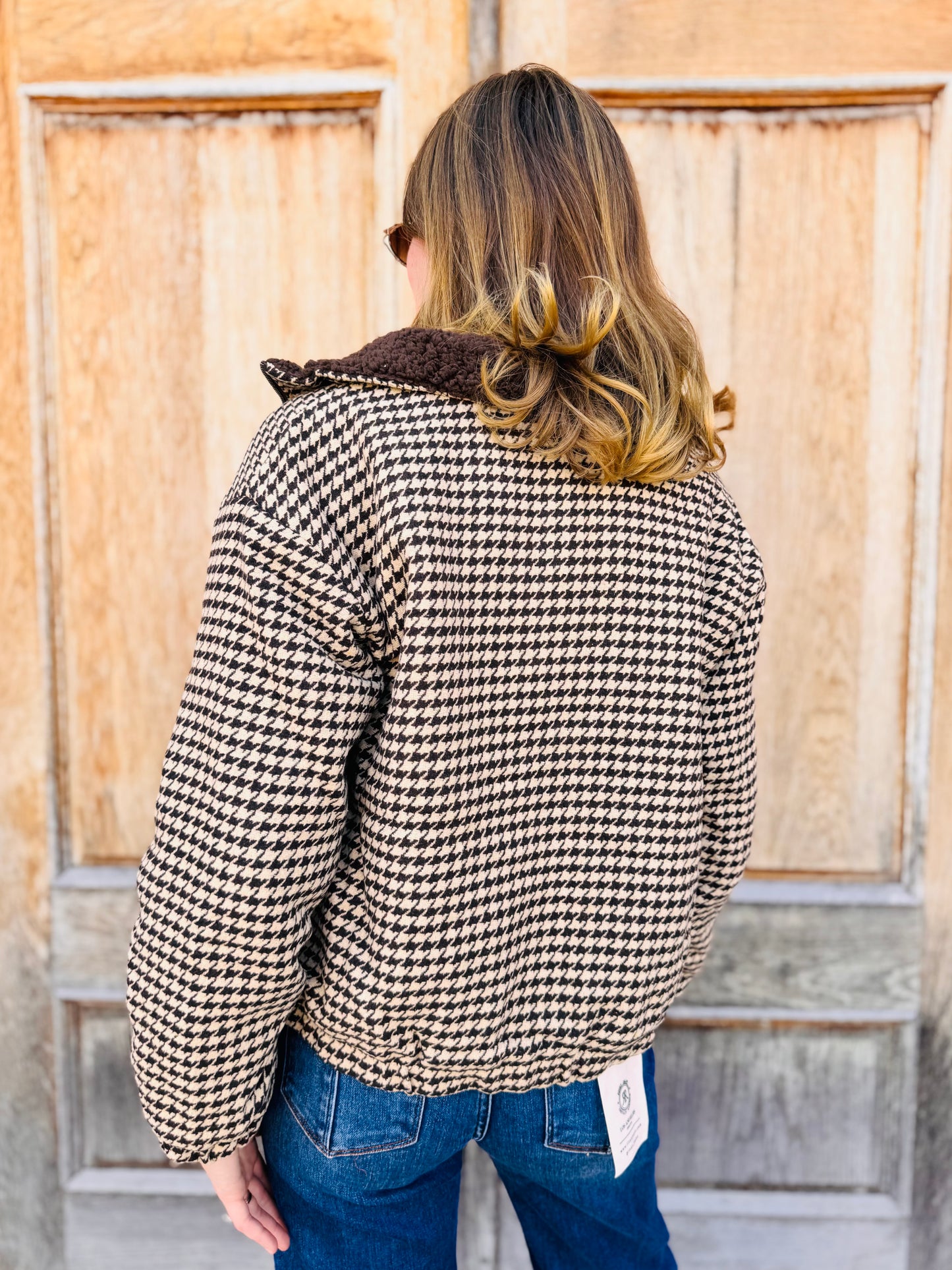 Houndstooth Sherpa Zip Up Jacket