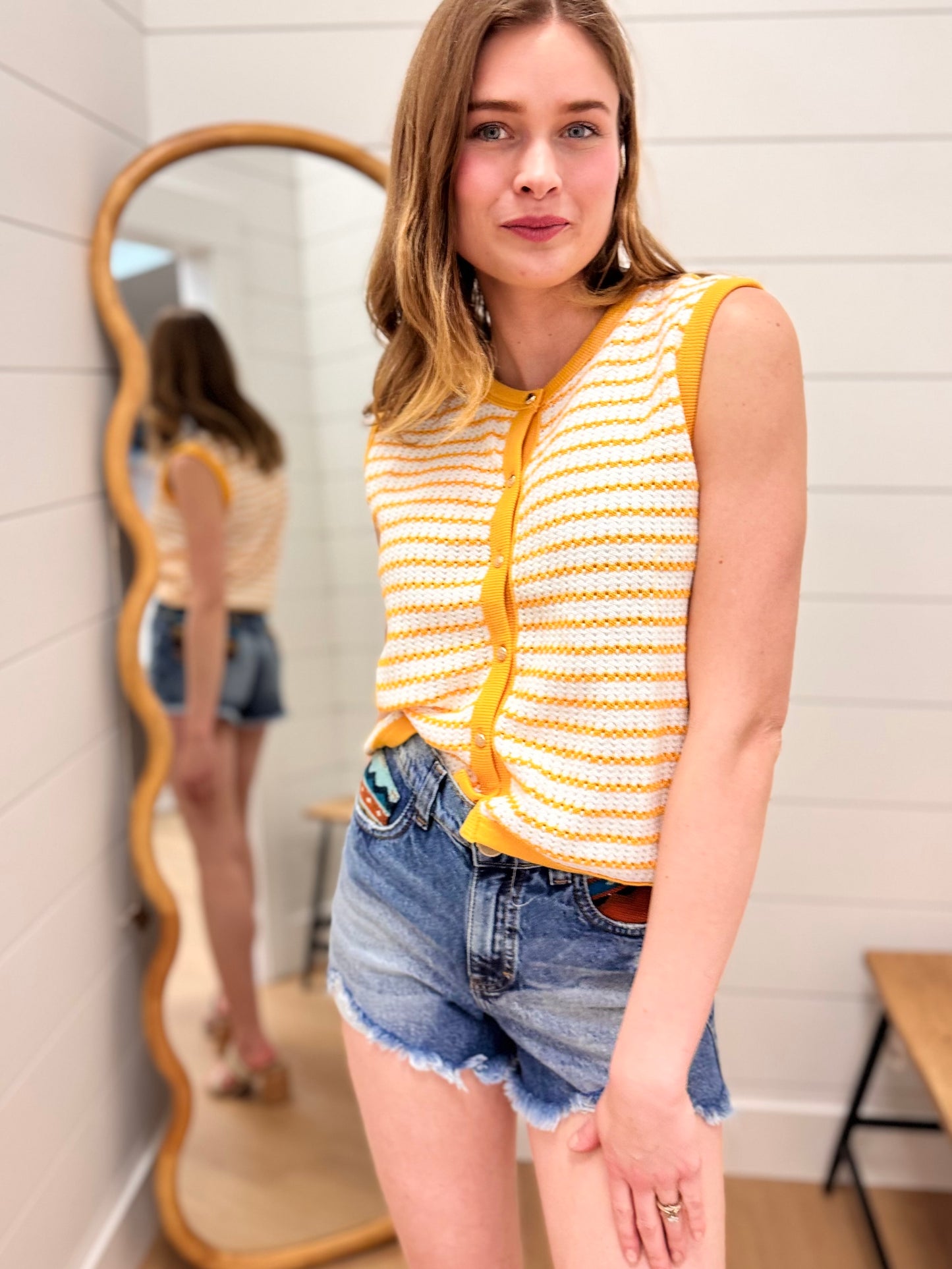 Stripe Knit Button Down Top - Mustard