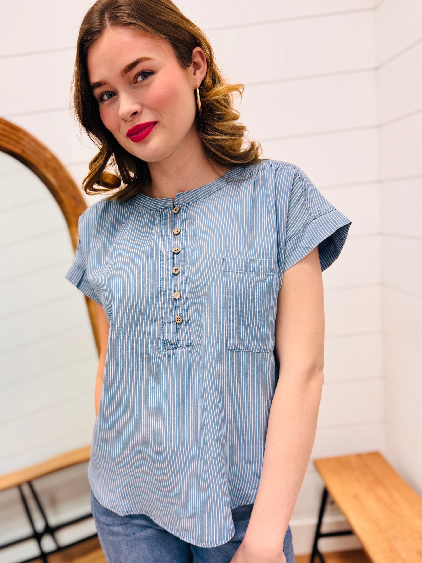 Stripe Chambray Henley Ruched Detail Top