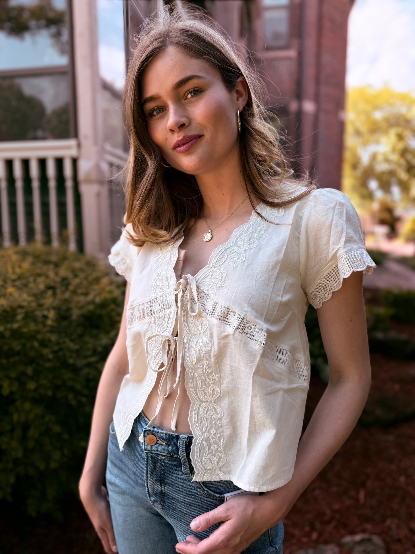 Scalloped Embroidered Front Tie Lace Trim Top