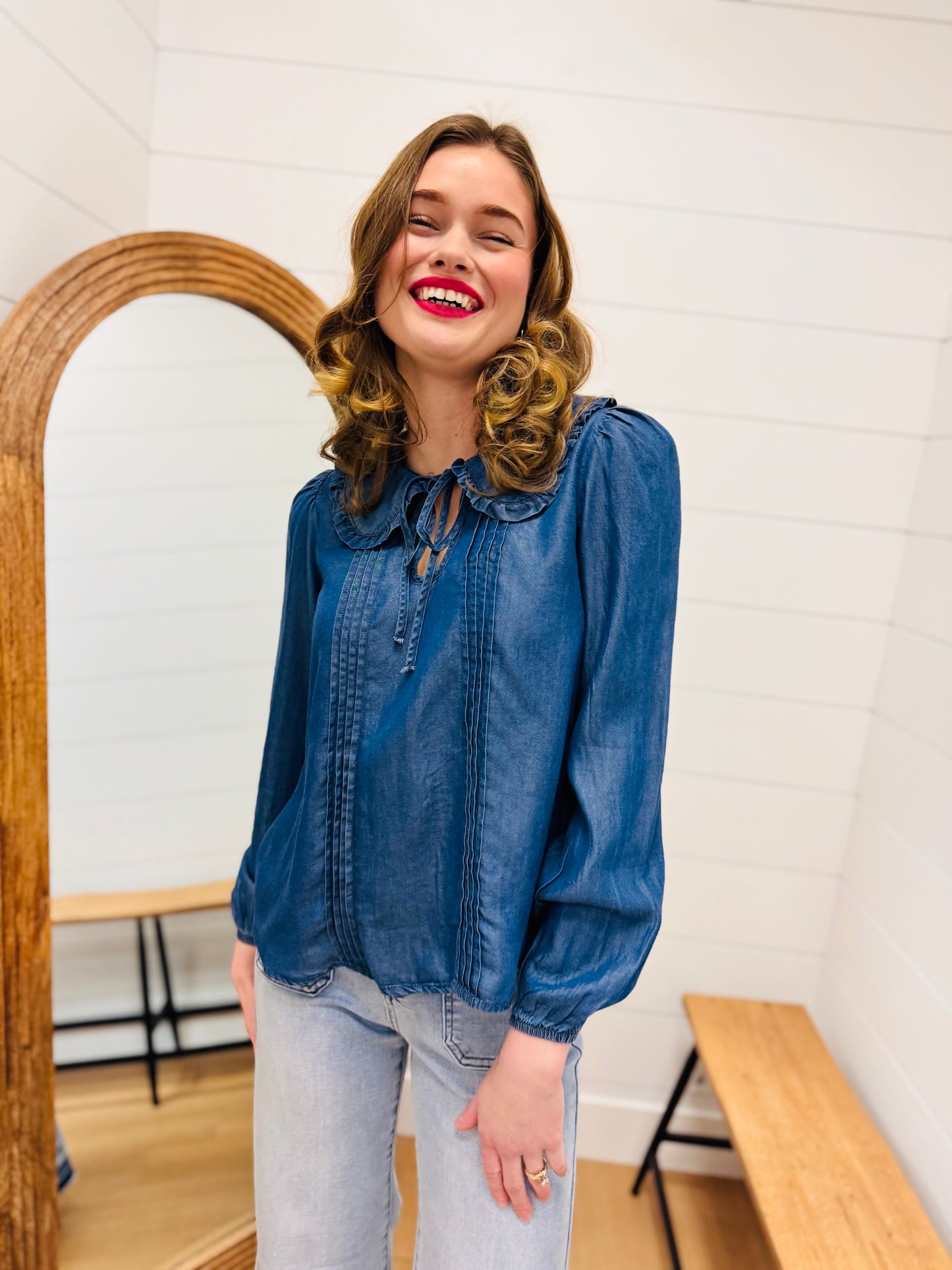 Denim Collared Pintuck Detail Long Sleeve Top