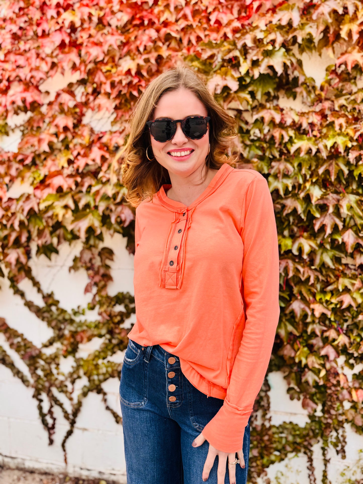 Thumb Holes Button Closure Long Sleeve Top