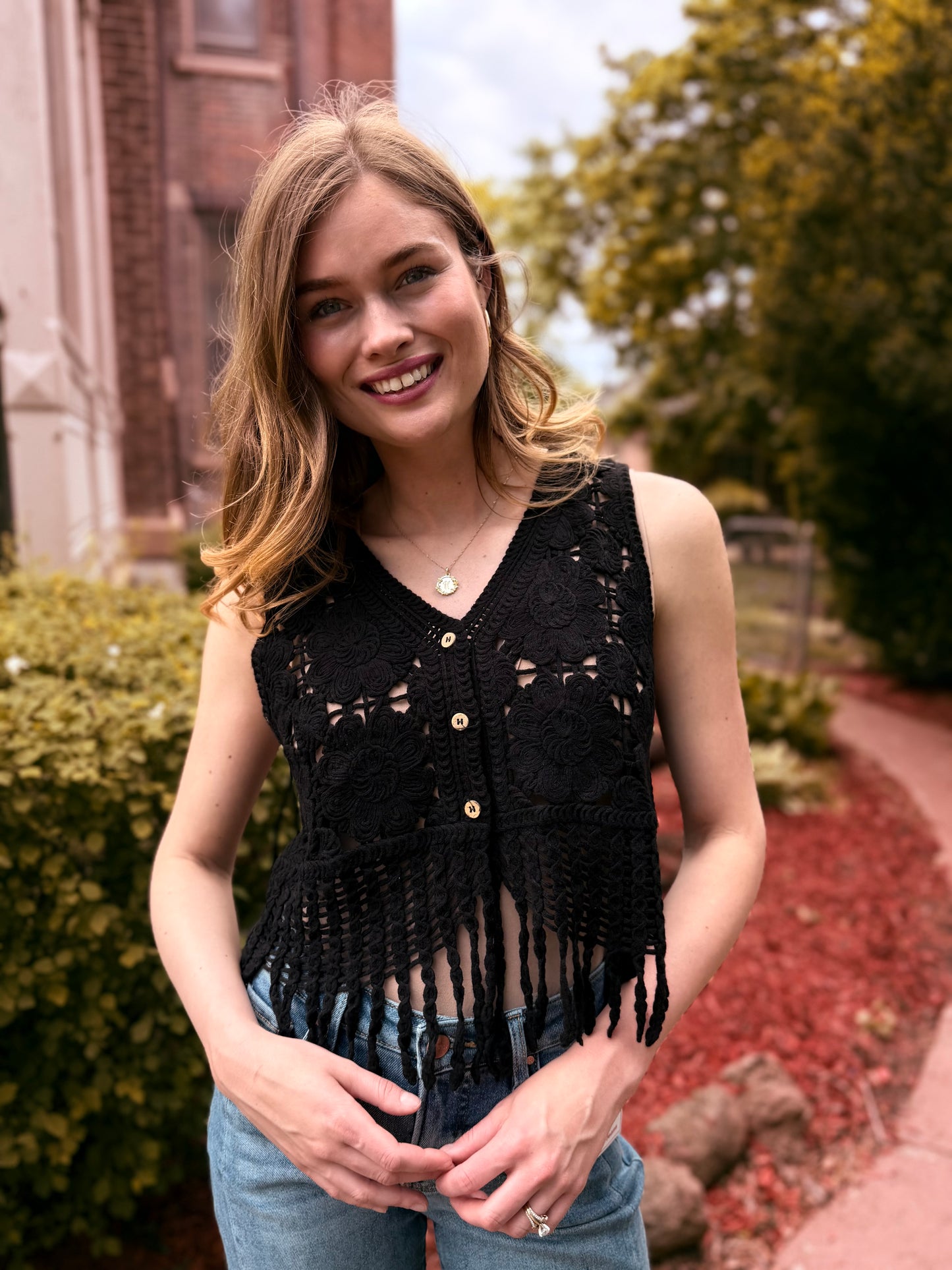 Fringe Hem Floral Crochet Top