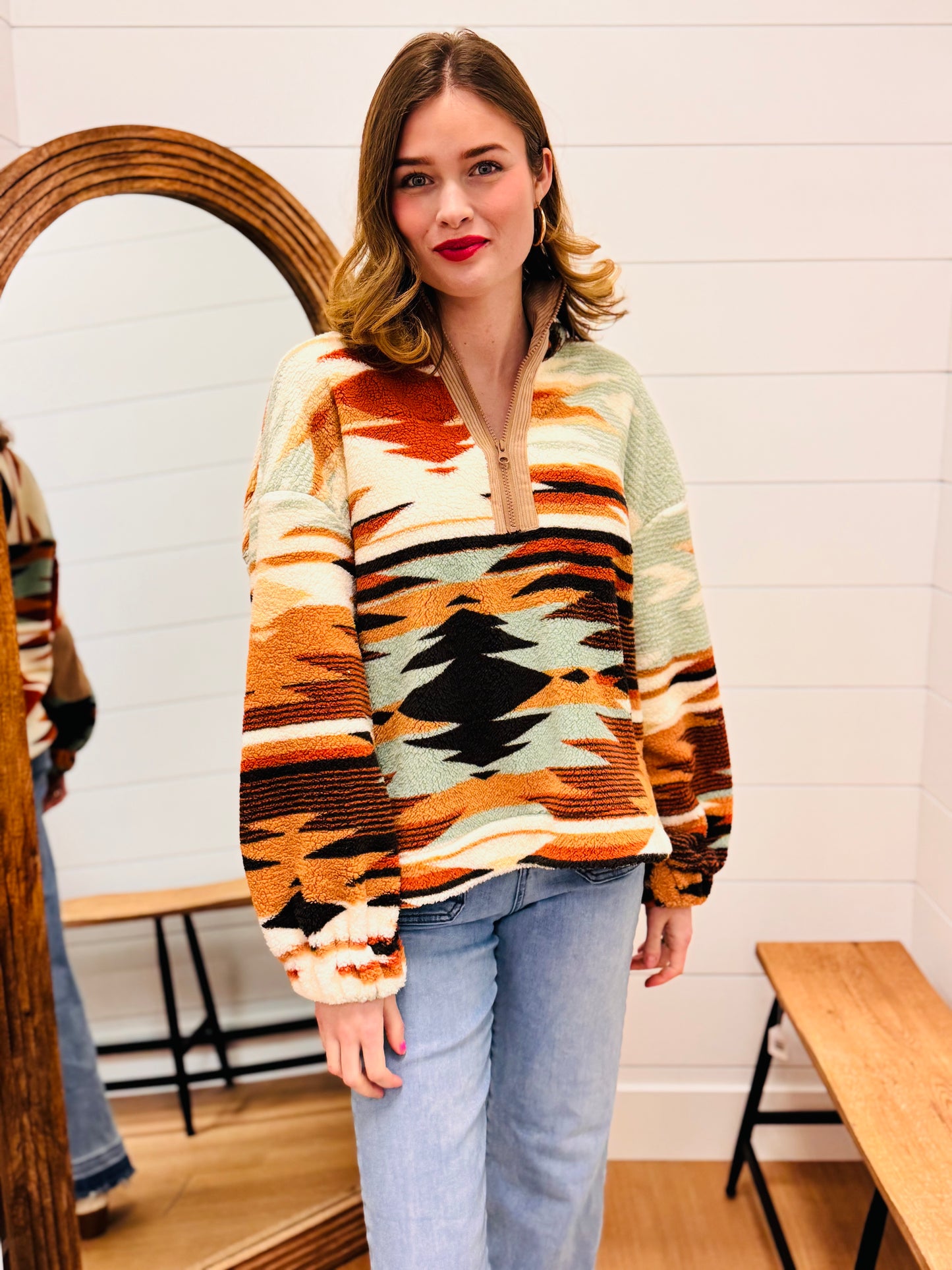 Half Zip Up Aztec Graphic Fleece Top