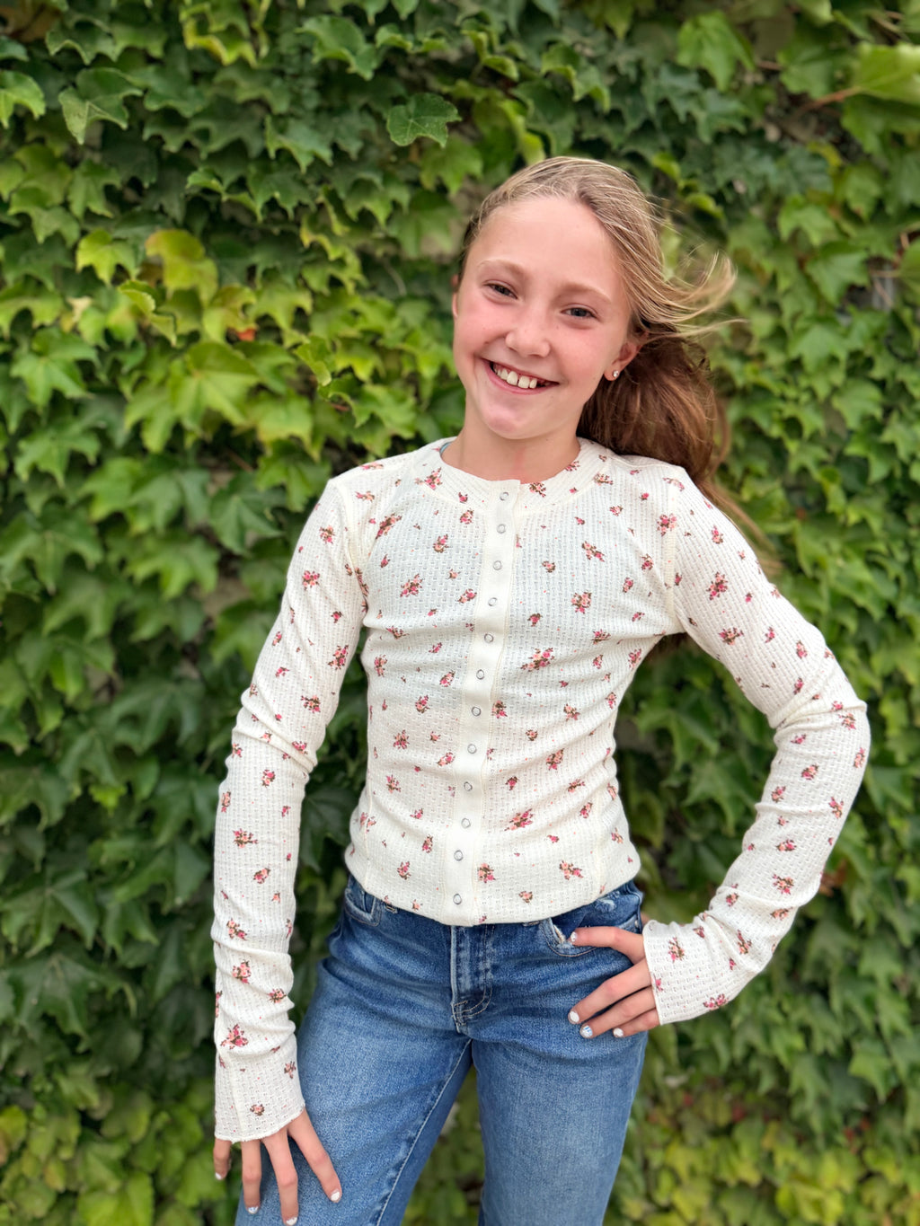 Floral Snap Front Long Sleeve Waffle Knit Top