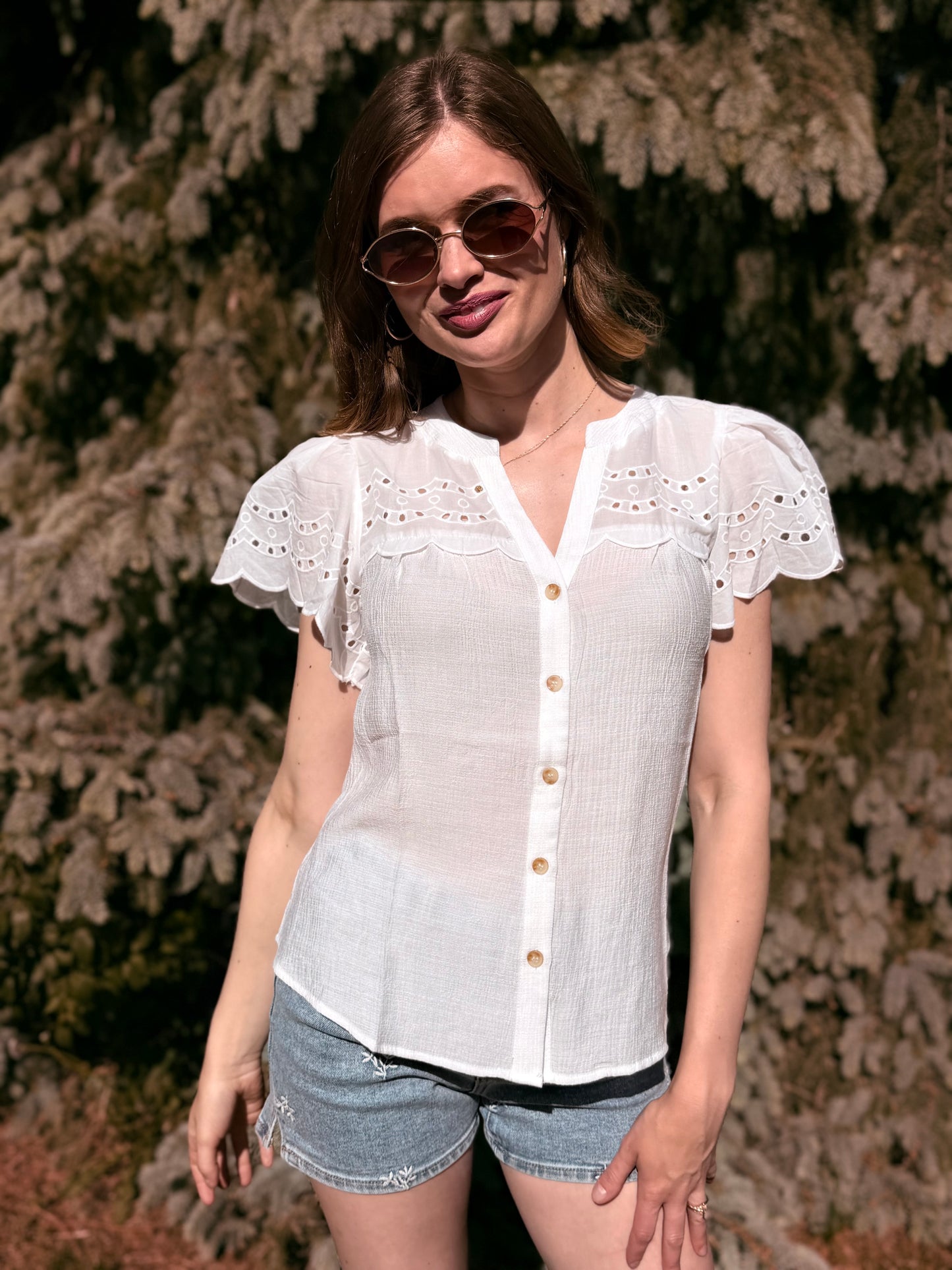 Eyelet Detail Button Down Scallop Sleeve Top