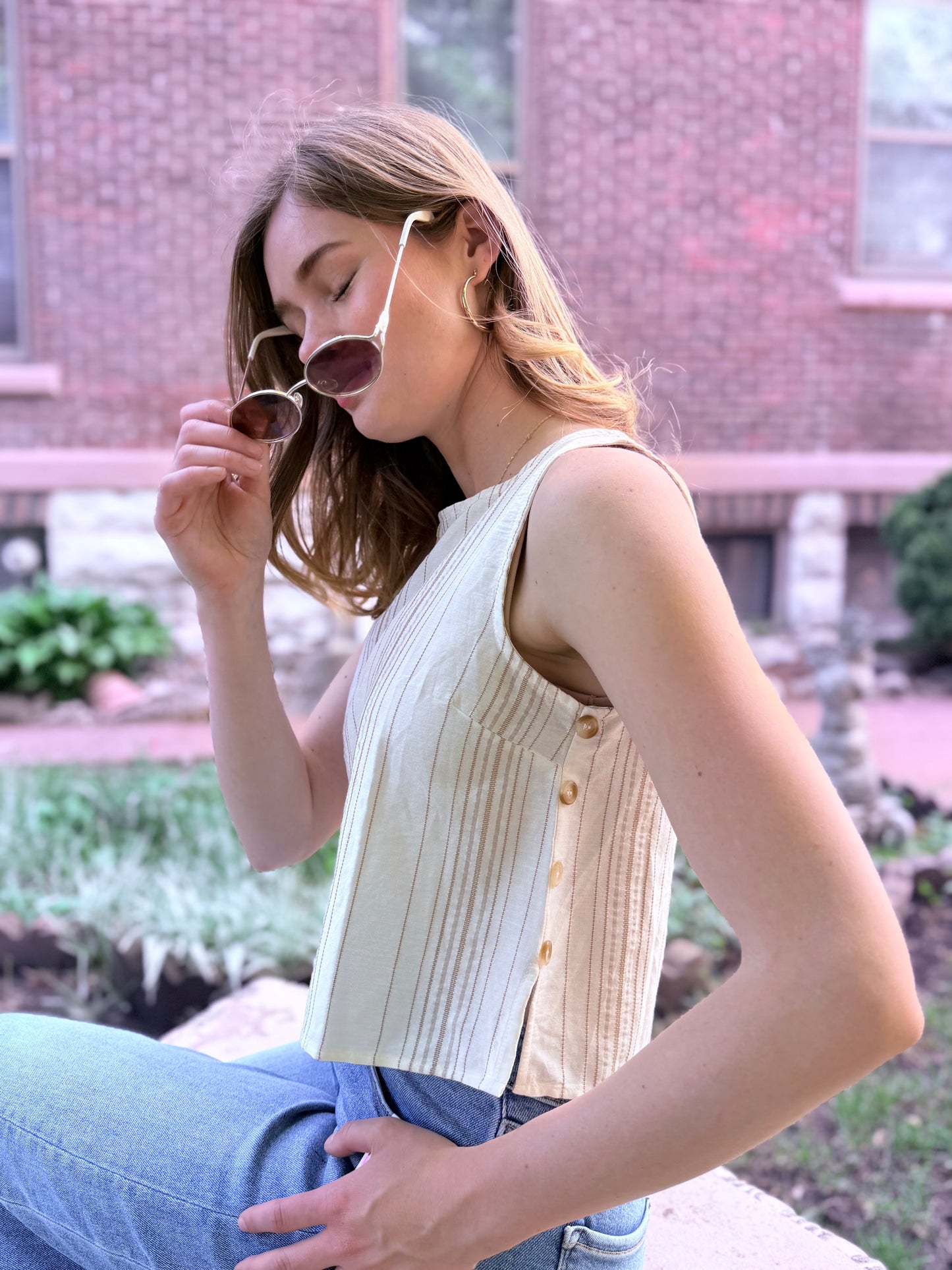 Stripe Sleeveless Side Button Detail Top