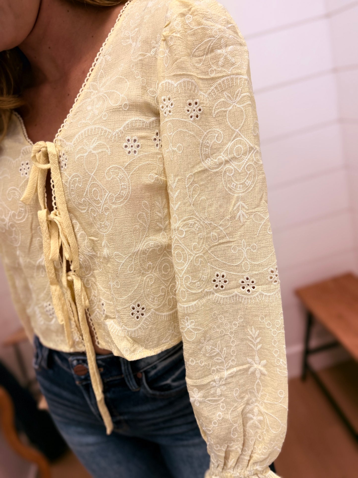 Embroidered Pattern Long Sleeve Front Tie Crop Top