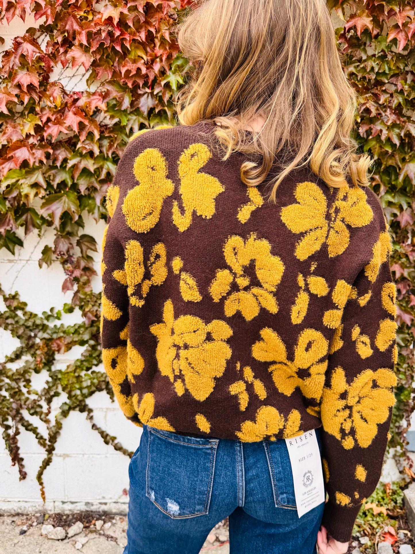 Floral Distressed Crewneck Terry Knit Sweater