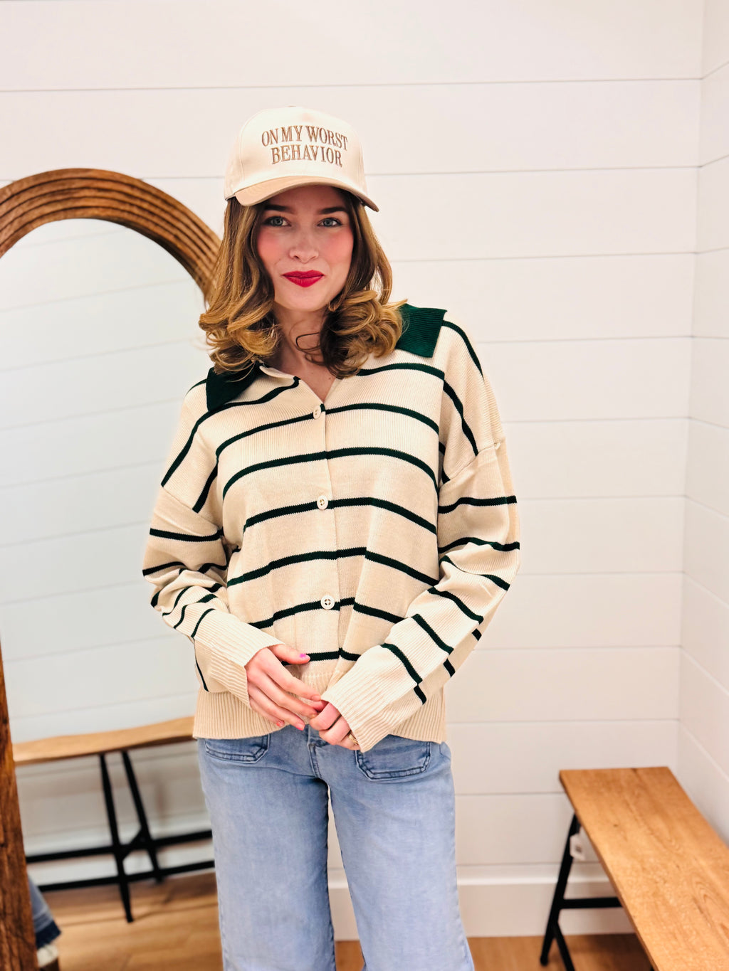 Button Down Sweater with Contrast Stripes and Collar