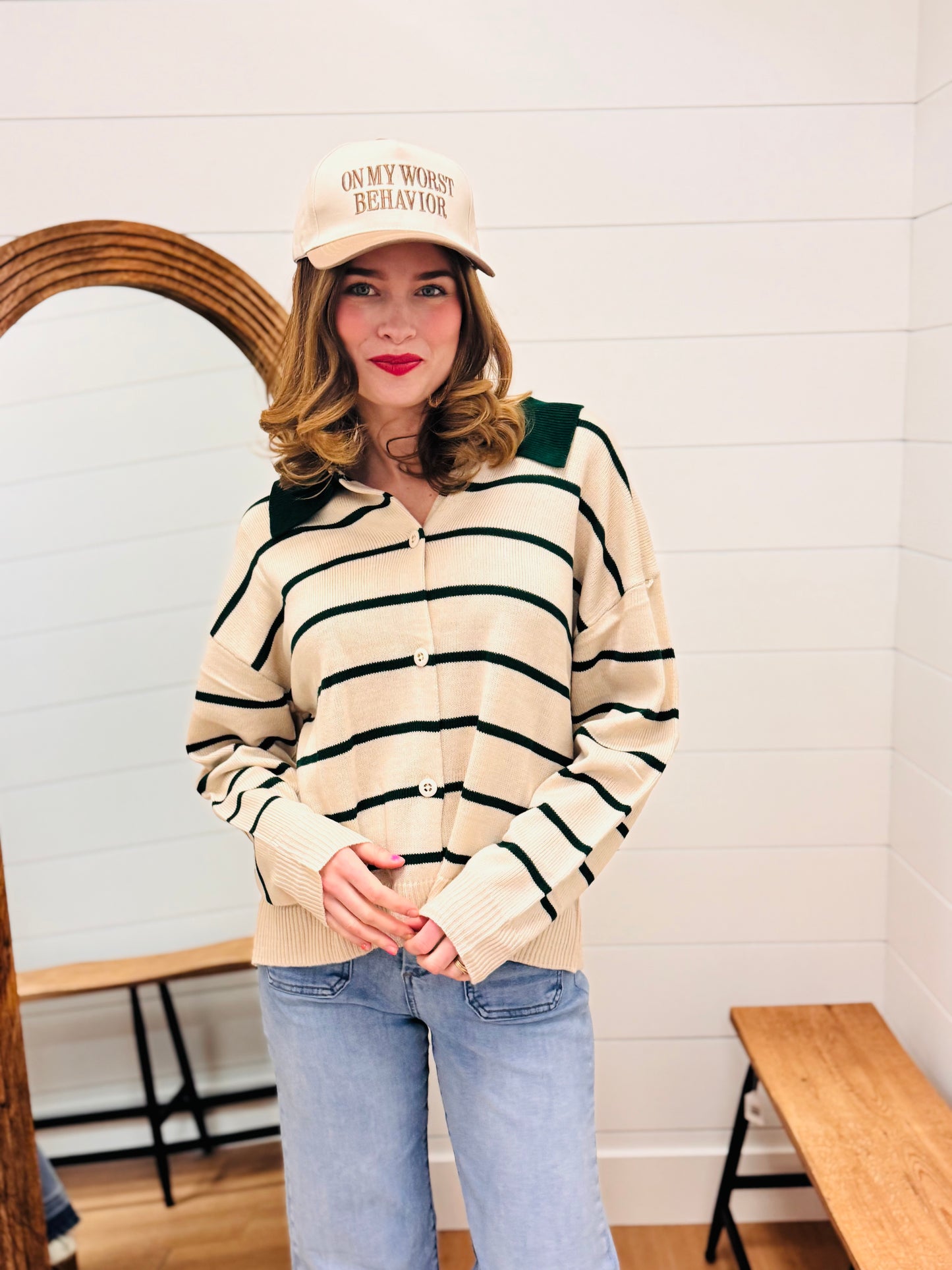 Button Down Sweater with Contrast Stripes and Collar