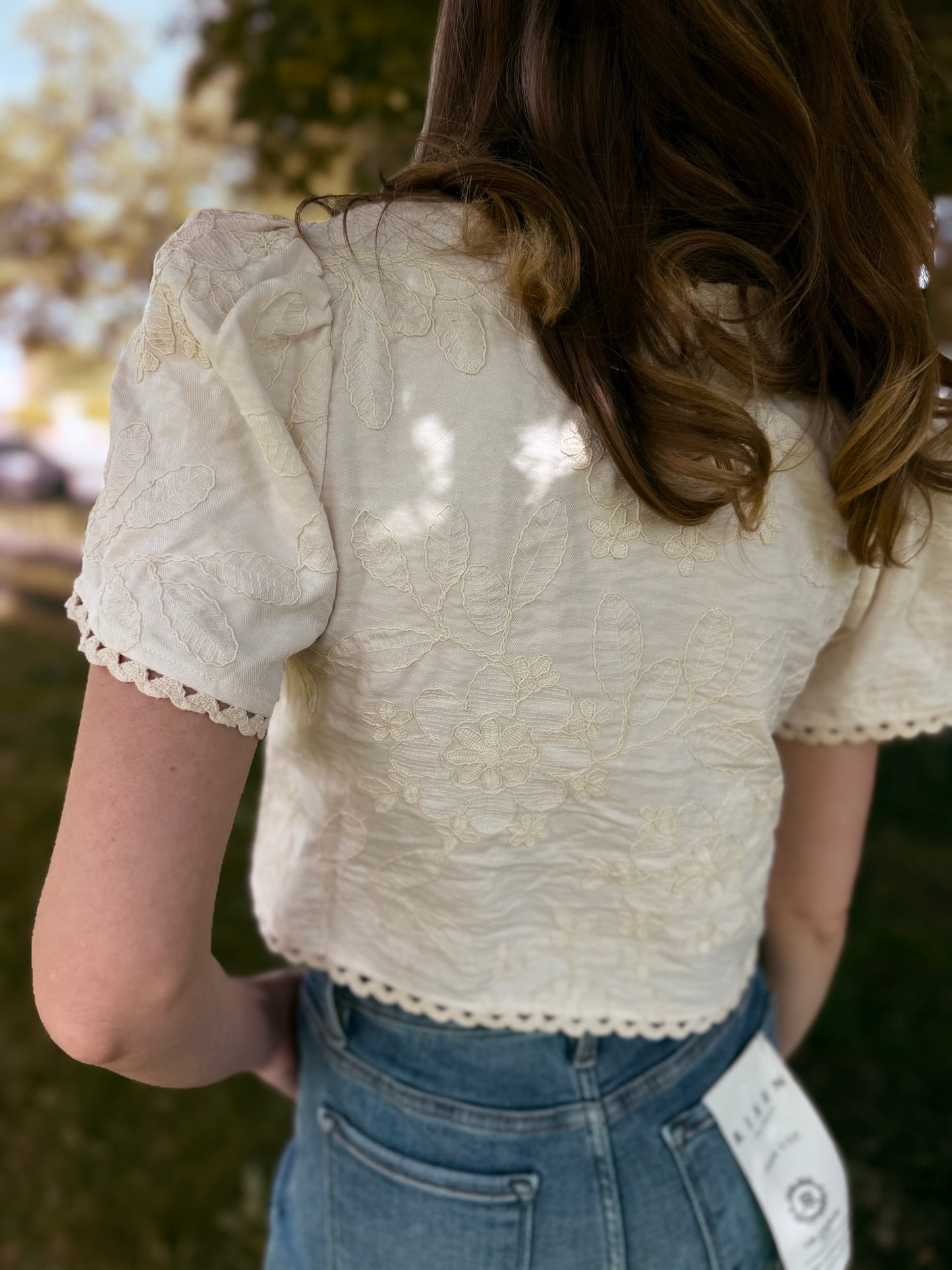 Embroidered Pattern Front Tie Wavy Trim Top